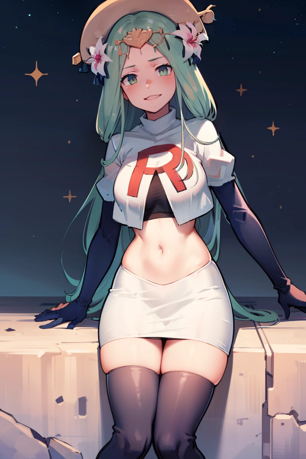 defRhea, headdress, hair flower, team rocket,team rocket uniform,white skirt,red letter R,crop top,black thigh-highs,black elbow gloves, evil smile, looking at viewer, cowboy shot, night sky background