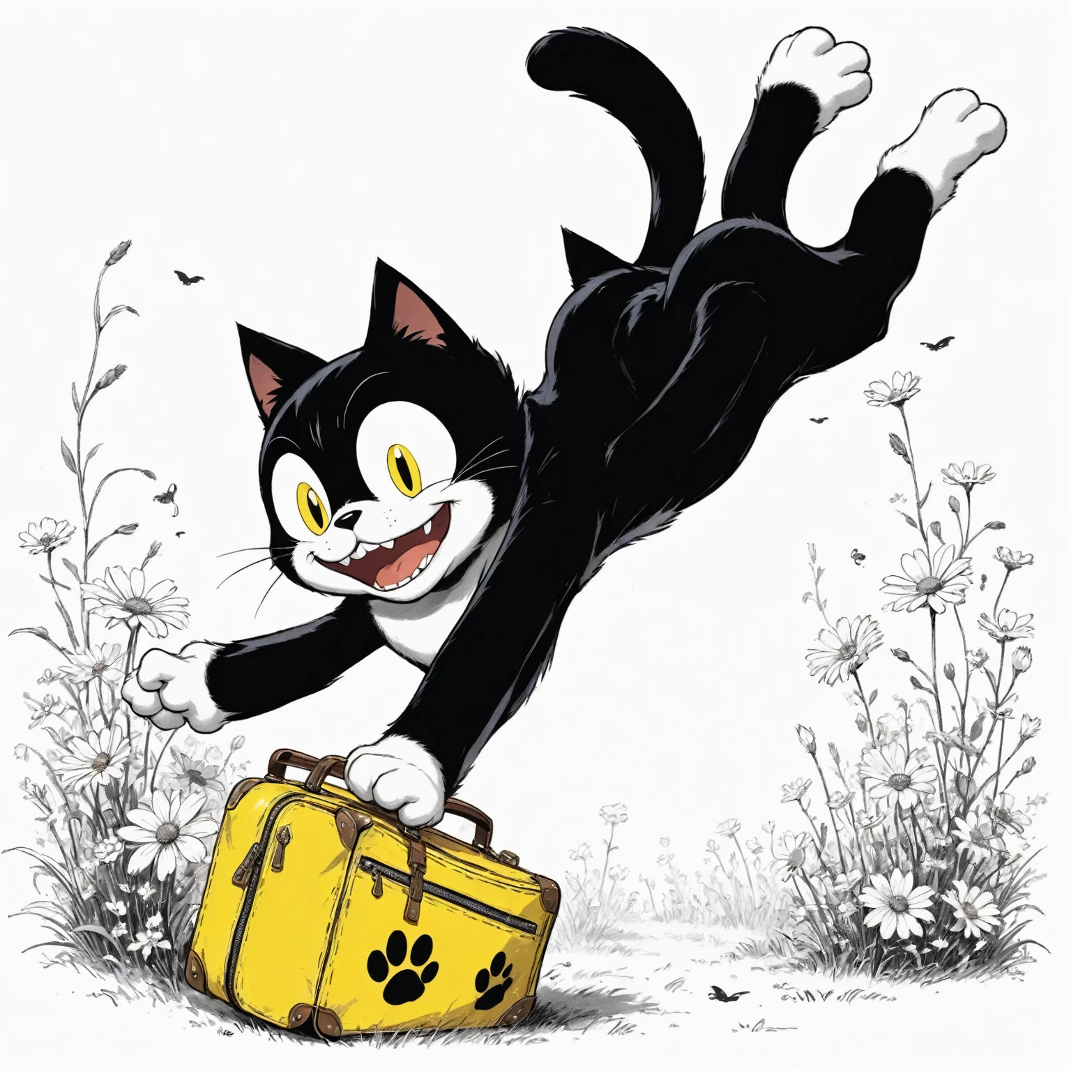 Felix the Cat gracefully diving through the air into his open yellow bag of tricks on the ground, in a slow meadow, (Felix the cat style reference, An anthropomorphic young black cat with white eyes, a black body, and a giant grin) (Felix's bag is one-of-a-kind satchel, which usually takes the form of a suitcase/carpetbag halfmix, which is yellow with black markings, reveals the pattern to be black dots and near-floral)
