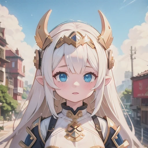 （（（Ivory white）））close up，There was a woman wearing a horned helmet,（（future technology）） Unreal Engine render + goddess, 3D Rendering Character Art 8K, Rendering a cute 3D anime girl, Personagem pequeno. Unreal Engine 5, Realistic anime girl rendering, Valkyrie-style character, Akihiko Yoshida. Unreal Engine, Girl in knightly armor, Artwork in the style of Guweiz, 1 Girl, Solitary，