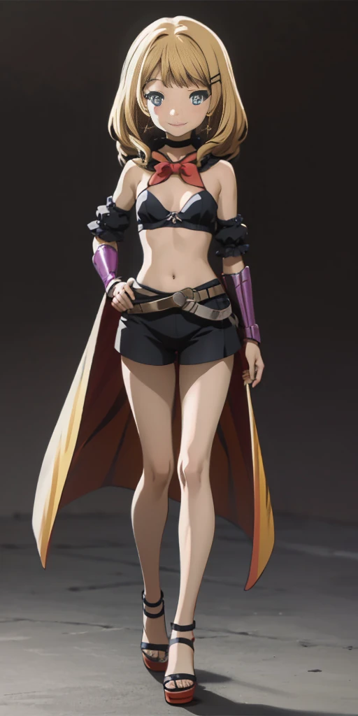 ((BLACK BACKGROUND 1:2, masterpiece)) 1solo female full body MILF BIMBO standing straight symmetrical with two long thighs and two metal sandals, red eyes like rubies, eye focus looking to the viewer, silver white hair, short bob style hair, big knockers breastplate, breastplate, cleavage, tiara royal, long cape up to two feet, yellow bikini (yellow tiger stripes), lustful smirking smiling, smile face (red blushed, red cheeks), pauldrons metal shoulders, gold sleeveless bracelets, separate sleeves, hands on waist hands OR hips, golden bracers, metal handcuffs, leather corset, red loincloth, black leather choker slave collar, shackles bracelets, slave red crest under navel, navel, big belt around waist OR hips, feet together, metal ankle, two long thighs and two metal sandals, Yukinoshita Yukino, dark skin gyaru black skin