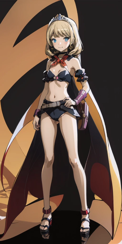 ((BLACK BACKGROUND 1:2, masterpiece)) 1solo female full body MILF BIMBO standing straight symmetrical with two long thighs and two metal sandals, red eyes like rubies, eye focus looking to the viewer, silver white hair, short bob style hair, big knockers breastplate, breastplate, cleavage, tiara royal, long cape up to two feet, yellow bikini (yellow tiger stripes), lustful smirking smiling, smile face (red blushed, red cheeks), pauldrons metal shoulders, gold sleeveless bracelets, separate sleeves, hands on waist hands OR hips, golden bracers, metal handcuffs, leather corset, red loincloth, black leather choker slave collar, shackles bracelets, slave red crest under navel, navel, big belt around waist OR hips, feet together, metal ankle, two long thighs and two metal sandals, Yukinoshita Yukino, dark skin gyaru black skin