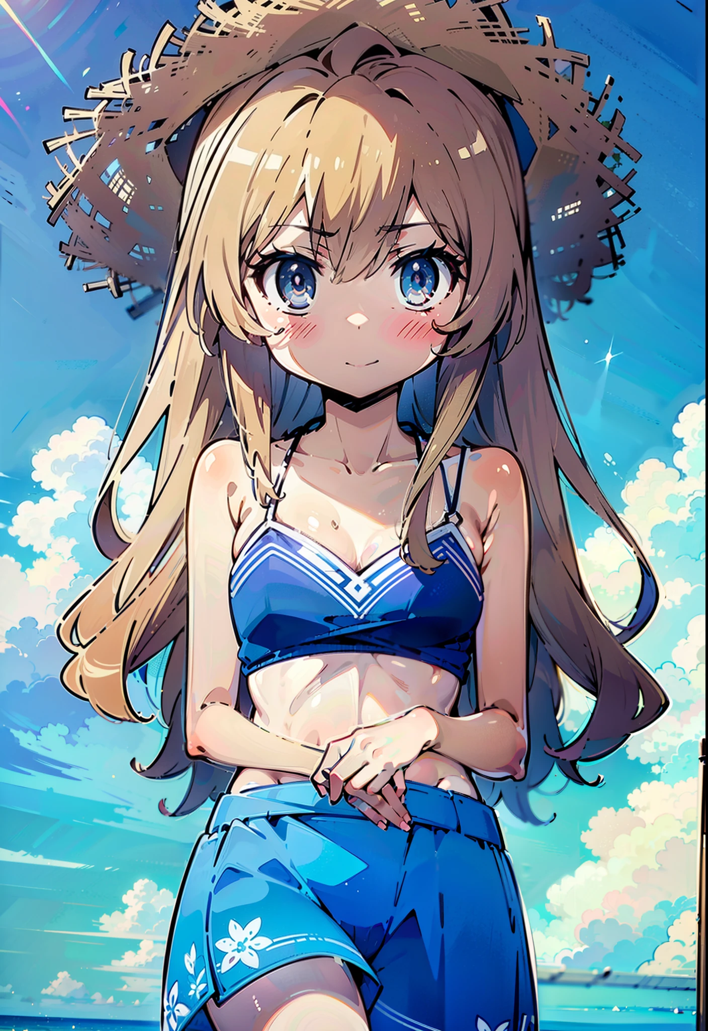 masterpiece,Confused,最high quality,high quality,1 girl,Taiga Aisaka,Long Hair,Blue Skirt,Hibiscus hair accessory,Blushing smile,bikini,I&#39;A thin floral patterned cloth is wrapped around her waist..,Wearing a big straw hat,Strolling along the sandy beach,Hard work day々々々々I sought solace from my burdens,Brown hair fluttering in the wind,(masterpiece:1.2), 最high quality, High resolution, unity 8k wallpaper, (shape:0.8), (Beautiful and beautiful eyes:1.6), Highly detailed face, Perfect lighting, Highly detailed CG, (Perfect hands, Perfect Anatomy),