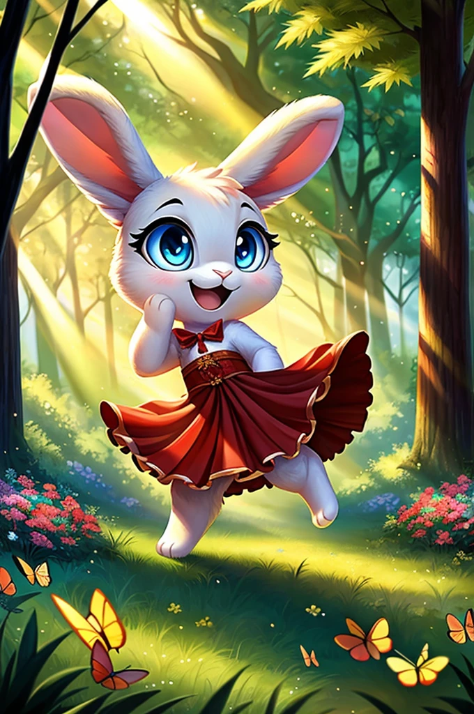 zoomed out image, ((solo character)), cute style art, fantasy style art, cute, adorable, short character, small, tiny little fluffy female white bunny with blue eyes, 4 ears, 2 extra ears, big floppy ears, long ears, ears perked up, raised ears, long eyelashes, poofy rabbit tail, wearing a red frilly ribbon dress, smiling, standing in a thick green forest, realistic forest, soft tones, big expressive smile, open mouth, wide eyes, excited eyes, excited face, looking at the scenery, looking at the trees in wonder, exploring happily, stunning visuals, sunlight coming through the trees, flowers scattered in the bushes, butterflies in the air, digital illustration