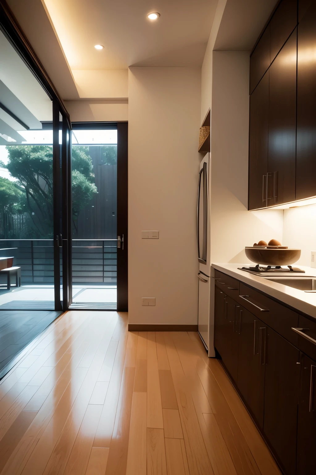 Modern Asian Apartment -- A sleek and stylish abode adorned with Eastern motifs and contemporary décor. The foyer leads to an open living area, where oversized windows let in natural light, revealing a breathtaking view of the cityscape. Sleek wooden floors run throughout, complemented by modern furnishings in earthy tones. In the kitchen, stainless steel appliances gleam next to an island countertop, while a Zen garden adds a touch of tranquility. Privacy is ensured in the bedroom, where a large, comfortable bed is draped in soft, Asian-inspired fabrics, and the en suite bathroom boasts a contemporary design with a rainfall shower