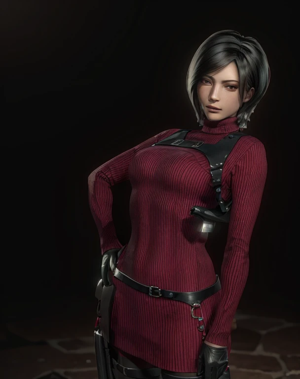 (masterpiece, best quality:1.4), insaneres, absurdres, solo, looking at viewer,BREAK GAME_ResidentEvil4Remake_AdaWong_ownwaifu, 1girl, asian, black hair, short hair, brown eyes, lips, bangs, large breasts, red lips, makeup, lipstick, sweater, dress, gloves, holster, shoulder holster, black gloves, turtleneck, turtleneck sweater, sweater dress, ribbed sweater, long sleeves, harness, belt, holding gun, red sweater, red dress, (contrapposto, hand on hip), night time, sidelighting, outdoors, depth of field,