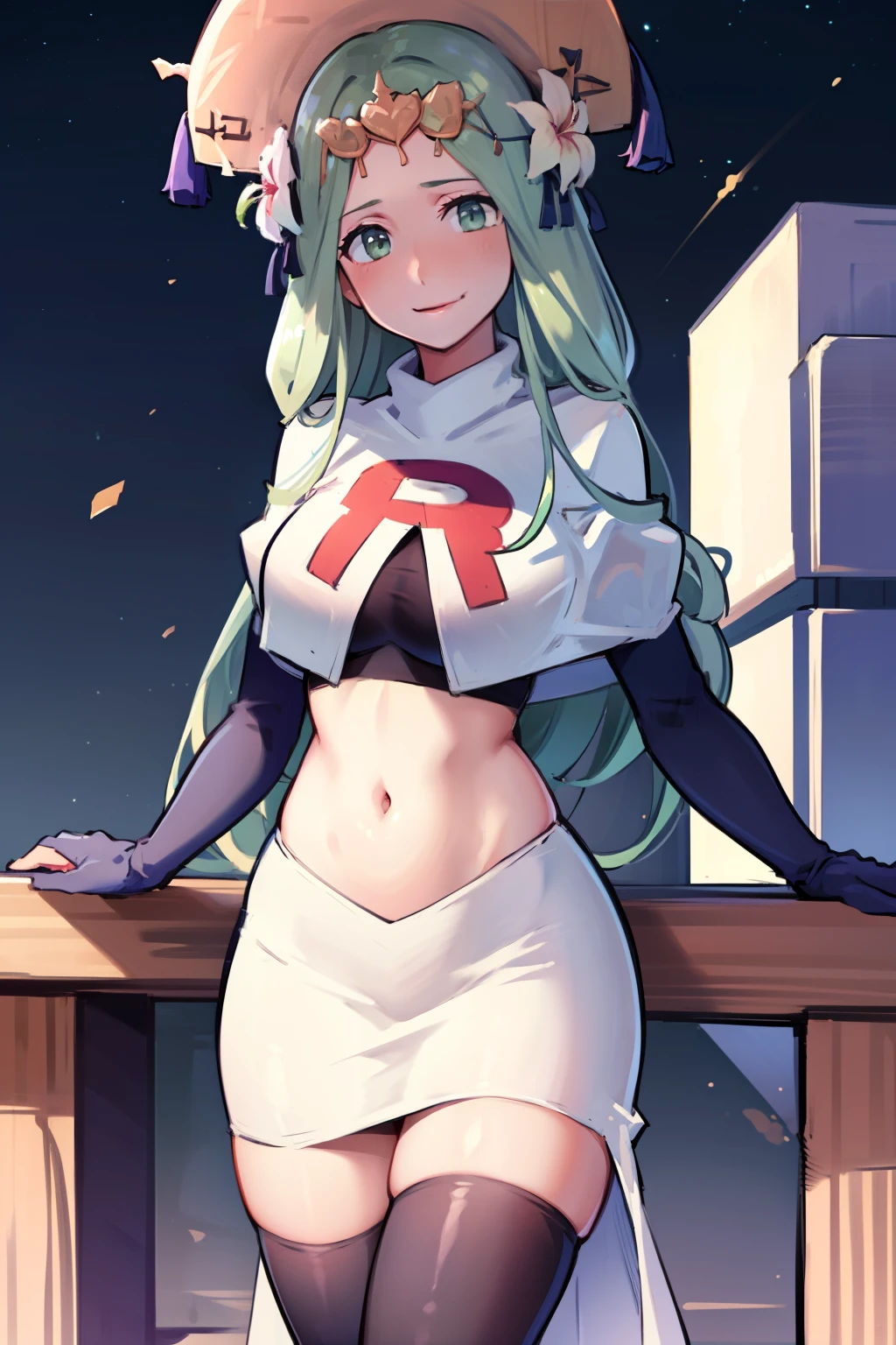 defRhea, headdress, hair flower, team rocket,team rocket uniform,white skirt,red letter R,crop top,black thigh-highs,black elbow gloves, evil smile, looking at viewer, cowboy shot, night sky background