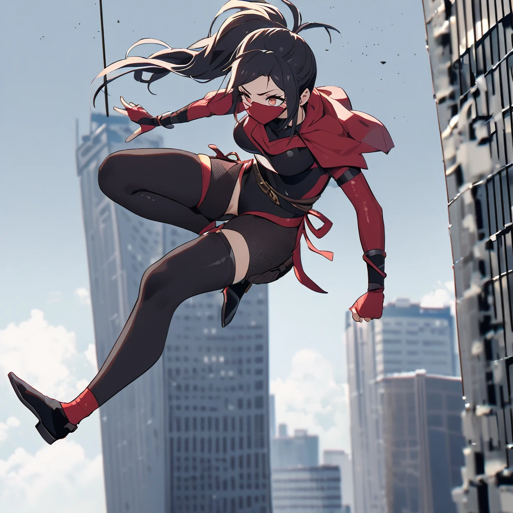A cornered sexy ninja woman dives from the top of a skyscraper to avoid capture