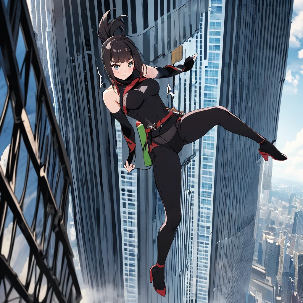 A cornered sexy ninja woman dives from the top of a skyscraper to avoid capture