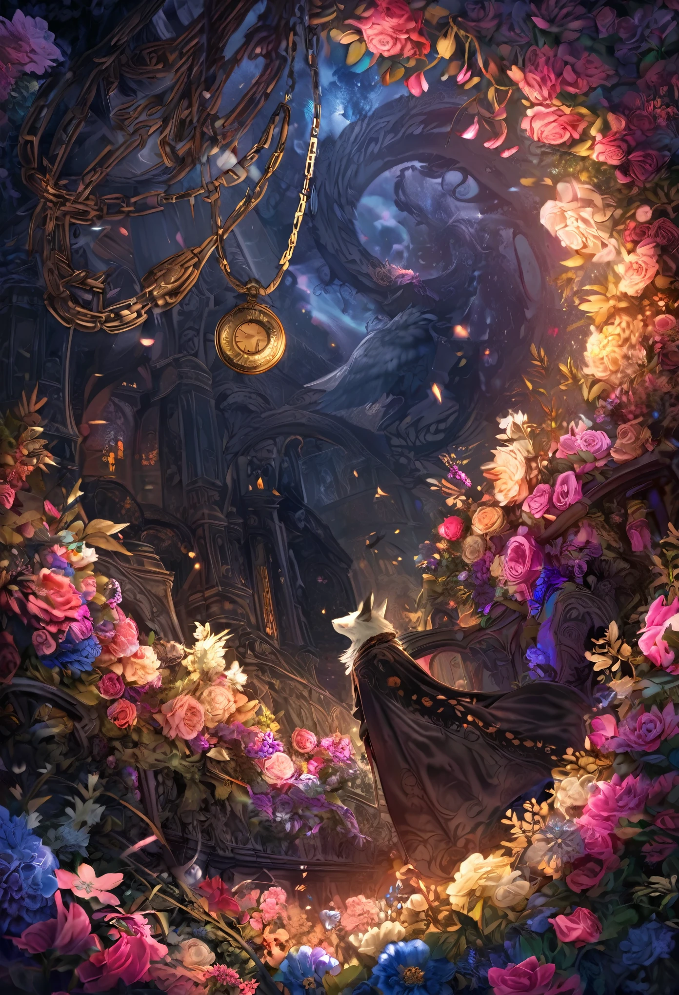 (best quality, high resolution, ultra-detailed)silhouett(kemono, furry anthro)holding striking pocket watch, surrounded by flowers, snakes and darkness, illustrative rendering, intricate details, mysterious atmosphere, vibrant colors, dynamic lighting , Gothic style,