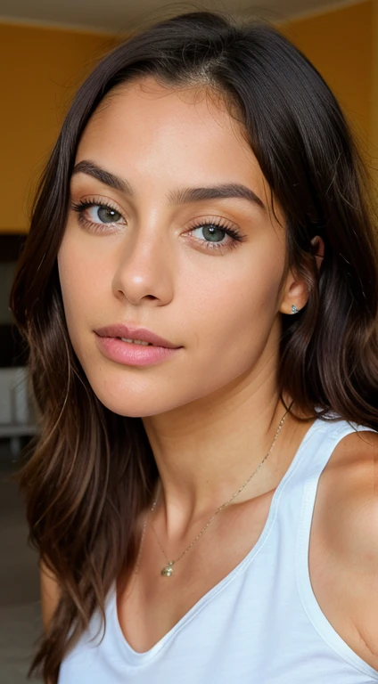 Hermosa morena con reflejos rubios vistiendo una camiseta negra (in a room ), Muy detallado, 22 years, , , cara inocente, cabello ondulado natural, blue eyes, high resolution, Obra maestra, mejor calidad, alto detalle intrincado, Muy detallado, Sharp focus, Piel detallada, realistic skin textura, textura, ojos detallados, profesional, 4k, Sonrisa encantandora, disparado en Canon, 85mm, poca profundidad de campo, Kodak Color Vision, cuerpo en forma perfecta , extremadamente detallado, Photography_\(ultra\), fotorrealista, realista, Postprocesamiento, maximum details, aspereza, vida real, ultra realista, Photorealism, Photography, 8k hd, Photography, tetona