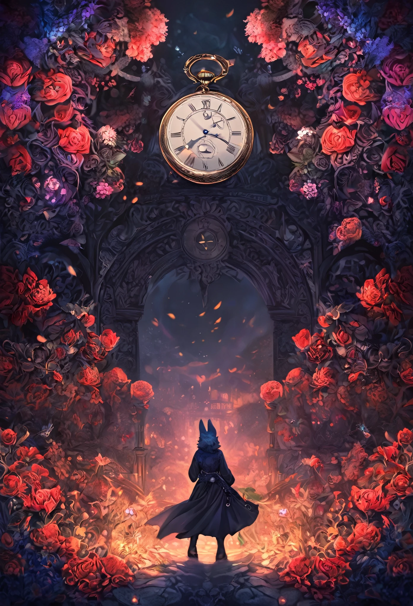 (best quality, high resolution, ultra-detailed)silhouett(kemono, furry anthro)holding striking pocket watch, surrounded by flowers, snakes and darkness, illustrative rendering, intricate details, mysterious atmosphere, vibrant colors, dynamic lighting , Gothic style,