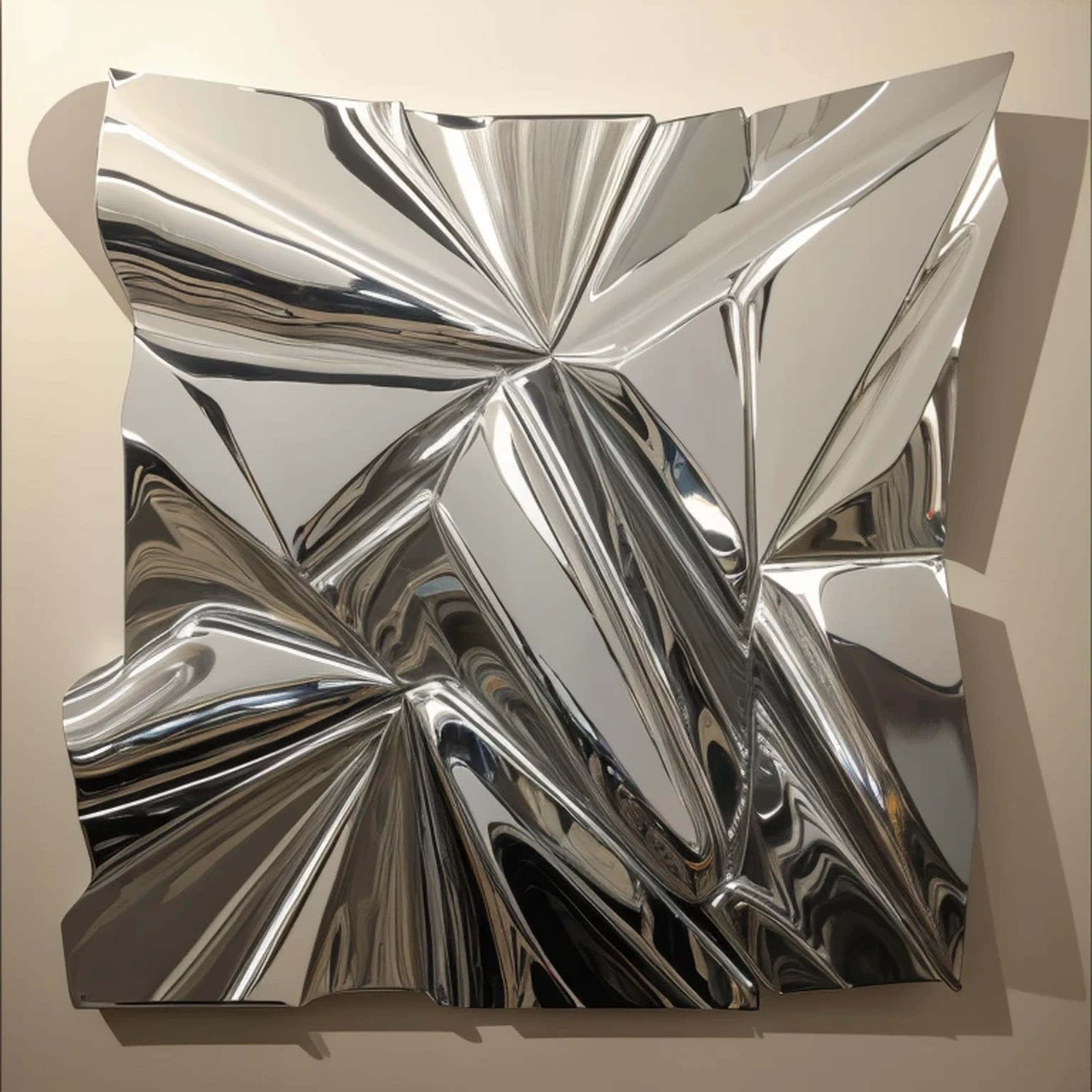 Close-up of silver leaf on a wall, High Contrast、Metal fuselage, squarereflectivemetal, Silver foil, Chrome Art, Inspired by John Chamberlain, Metal Reflection,Neele Toroni, Chrome Reflect, Joseph Todorovich, Acrylic painting on canvas, by david rubin