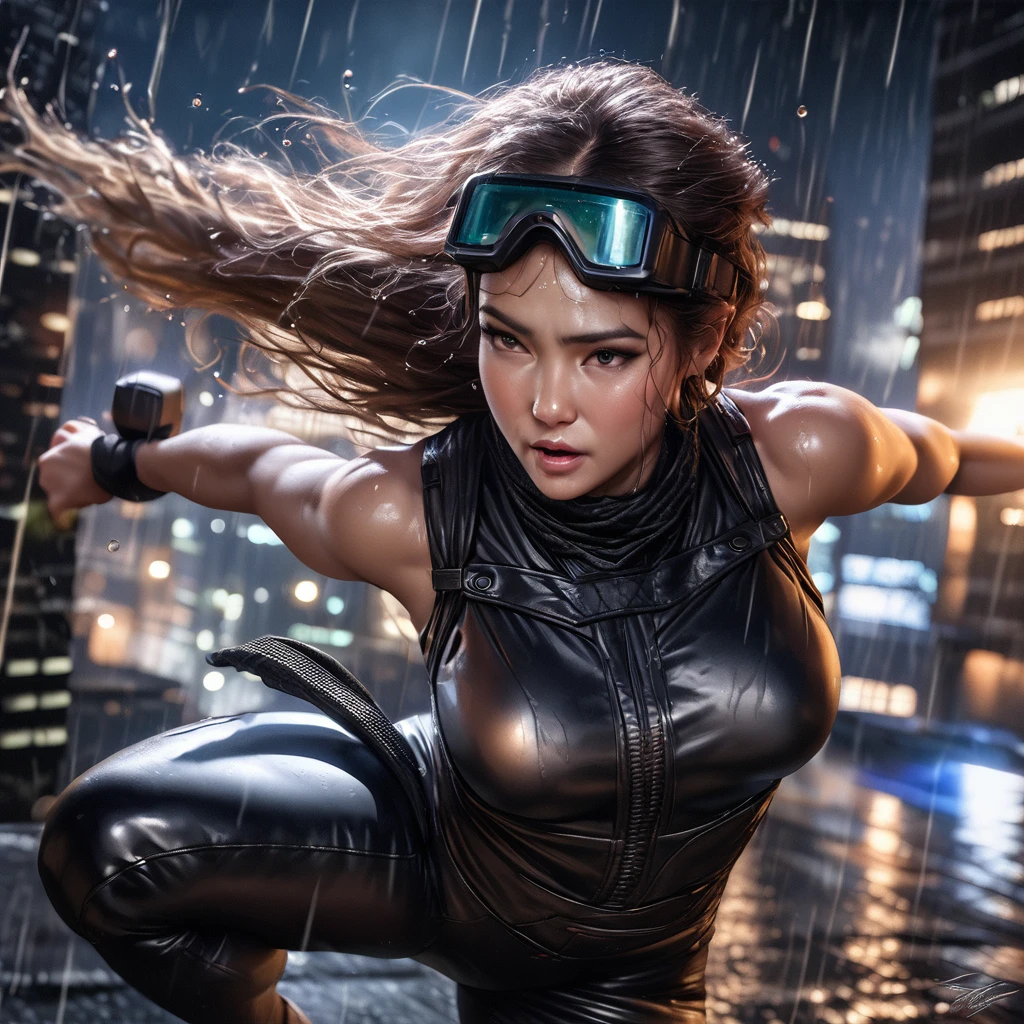 (best quality,4k,highres,masterpiece:1.2),ultra-detailed,(realistic,photorealistic,photo-realistic:1.37),HDR,UHD,studio lighting,sharp focus,extreme detail description,professional,vivid colors,bokeh,portrait,urban scene,sexy ninja woman,skyscraper rooftop,breathtaking leap,nighttime,action,adventure,rain-soaked streets,intense expression,athletic physique,weaponry,leather outfit,sleek movement,acrobatic pose,wet hair,shurikens,falling raindrops,bullet time effect,city lights,shadowy alleyways,stealth,night vision goggles,dark atmosphere,high-tech gadgets,sleek design,intense athleticism,graceful silhouette,powerful kicks and punches,explosive energy,secrecy and mystery,deadly skills,defying gravity,escape from capture,heart-pounding chase,heart-racing moment.