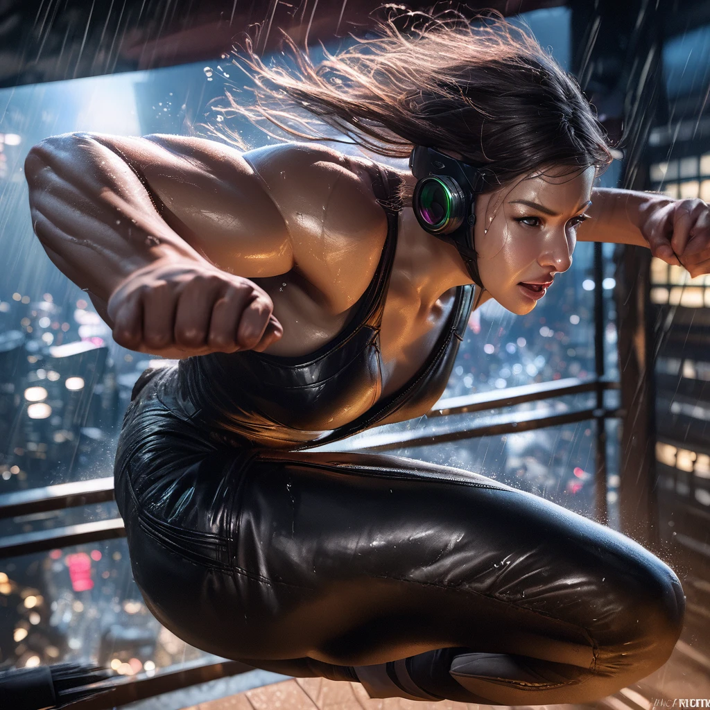 (best quality,4k,highres,masterpiece:1.2),ultra-detailed,(realistic,photorealistic,photo-realistic:1.37),HDR,UHD,studio lighting,sharp focus,extreme detail description,professional,vivid colors,bokeh,portrait,urban scene,sexy ninja woman,skyscraper rooftop,breathtaking leap,nighttime,action,adventure,rain-soaked streets,intense expression,athletic physique,weaponry,leather outfit,sleek movement,acrobatic pose,wet hair,shurikens,falling raindrops,bullet time effect,city lights,shadowy alleyways,stealth,night vision goggles,dark atmosphere,high-tech gadgets,sleek design,intense athleticism,graceful silhouette,powerful kicks and punches,explosive energy,secrecy and mystery,deadly skills,defying gravity,escape from capture,heart-pounding chase,heart-racing moment.
