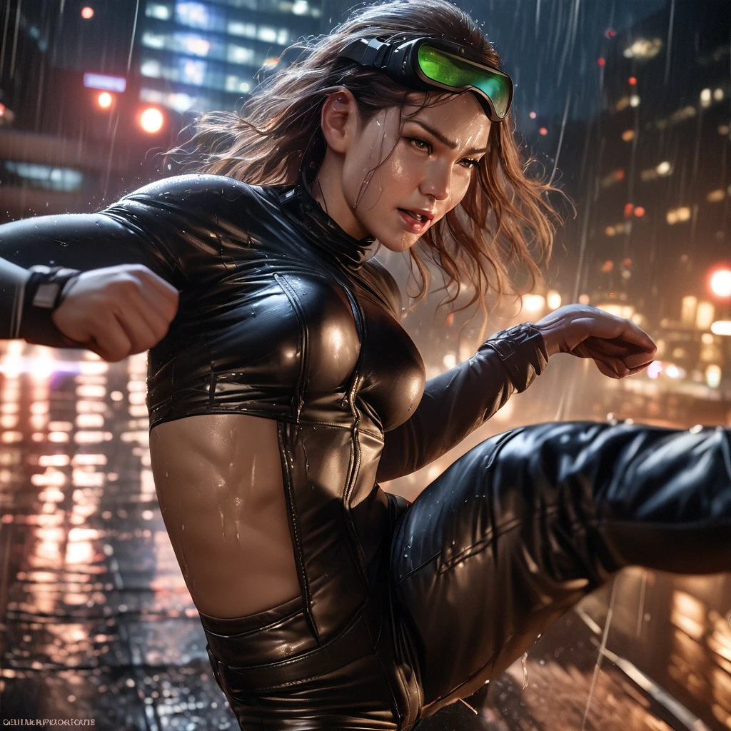 Batwoman, in the dimly lit cityscape, dons a sleek and form-fitting outfit that accentuates her toned figure. Her catsuit is adorned with a bat insignia on the chest, and her breasts, enhanced with advanced technology, appear larger and more prominent than natural. Her hair, raven black and slicked back, frames her angular face in the shadows. The night air is cool against her skin as raindrops pelt her body, leaving beads of water on her suit. The city around her comes alive in 8k resolution, neon lights flashing and reflecting off the rain-soaked pavement. The scent of ozone and rain-so