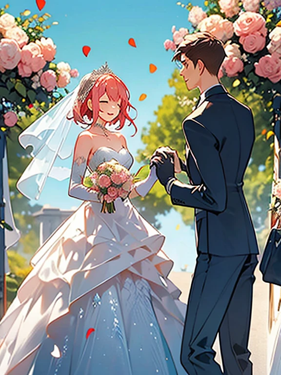 masterpiece, One girl, One boy, dress, Two people, wedding style dress, tie, Couple, smile, Strapless dress, close your eyes, pants, Strapless, Veil, flower, Long Hair, Holding, jewelry, gloves, shirt, necklace, flower束, white pants, Holding flower束, white dress, blue eyes, white shirt, Open jacket, Holding hands, elbow gloves, white gloves, White jacket, pink tie, bridal Veil, White Background, wedding style, couple, Long sleeve, long dress, pink flower, short hair, Are standing, Novel cover