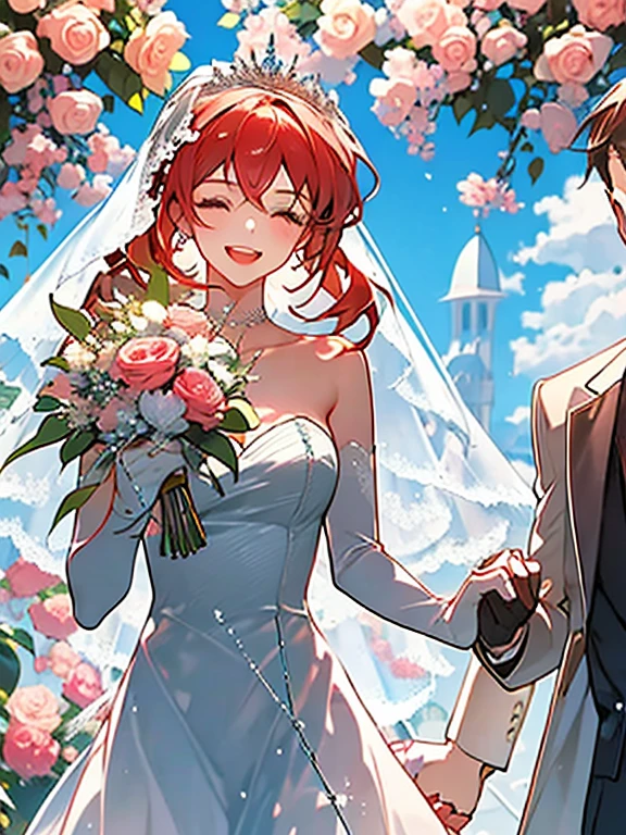 masterpiece, One girl, One boy, dress, Two people, wedding style dress, tie, Couple, smile, Strapless dress, close your eyes, pants, Strapless, Veil, flower, Long Hair, Holding, jewelry, gloves, shirt, necklace, flower束, white pants, Holding flower束, white dress, blue eyes, white shirt, Open jacket, Holding hands, elbow gloves, white gloves, White jacket, pink tie, bridal Veil, White Background, wedding style, couple, Long sleeve, long dress, pink flower, short hair, Are standing, Novel cover