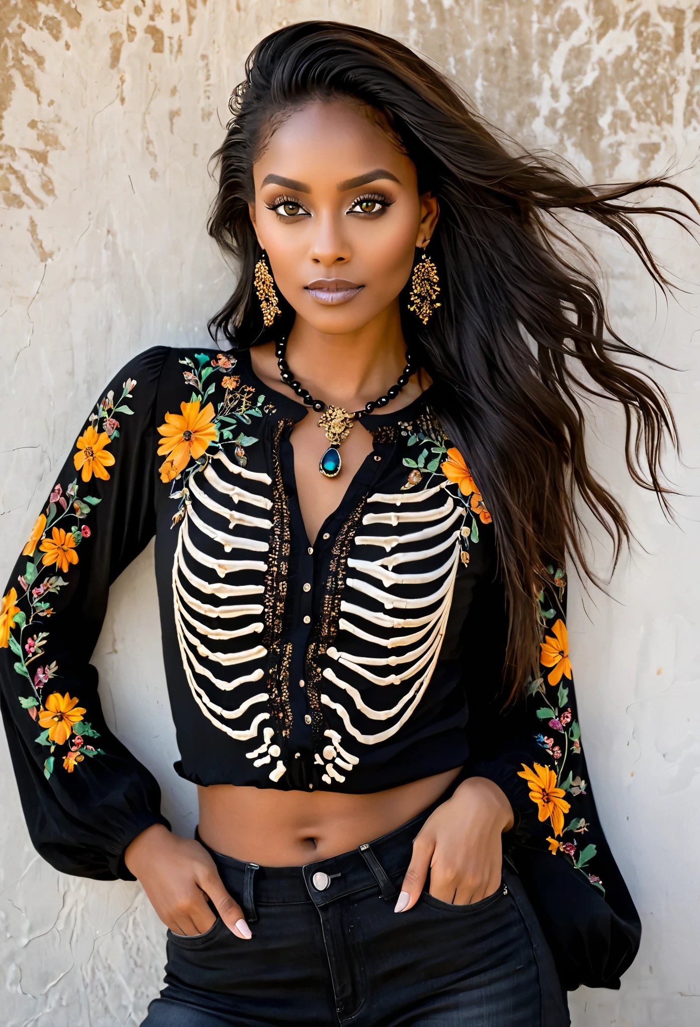 standing in front of a white stucco wall, richly textured stucco wall with a crude skeleton floral mural hand-painted, a woman rests, posed relaxed, she's wearing a long sleeve black peasant top, airy lace details, easy-fit, a sophisticated dark look, all over black floral embroidery:1.3)), hands relaxed, thumbs hooked into (her faded black jeans, stretched around her curvy body), thighs, gemstone black opal necklace, radiant, her head tilts down, she's looking into camera, hair pulled back, two colors of brown and raven black, amber, gemstone drop earrings, strands of long hair fall over her stunning eyes,