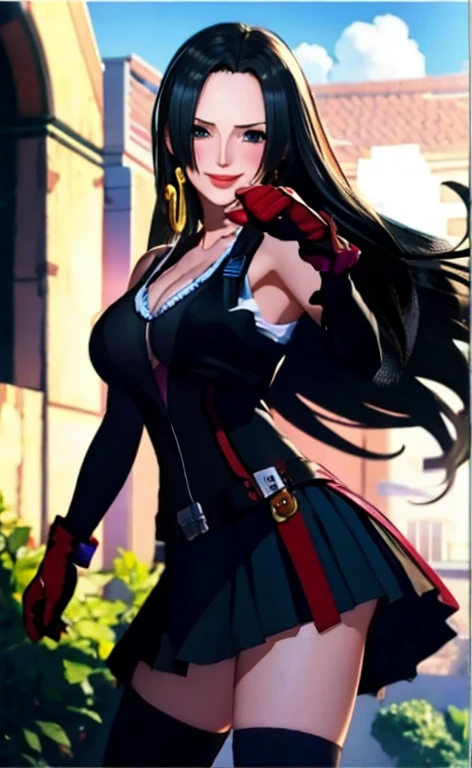 Close up of woman in short skirt and gloves, ,，Cleavage，Thick thighs， Mature woman, blush, Smile, Characters in the Black Haired King of Fighters, guilty gear art style, Fighting Game Characters