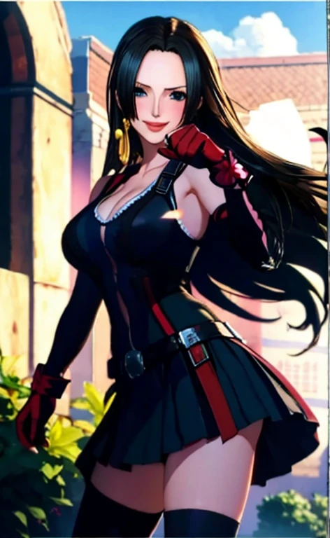 Close up of woman in short skirt and gloves, ,，Cleavage，Thick thighs， Mature woman, blush, Smile, Characters in the Black Haired King of Fighters, guilty gear art style, Fighting Game Characters