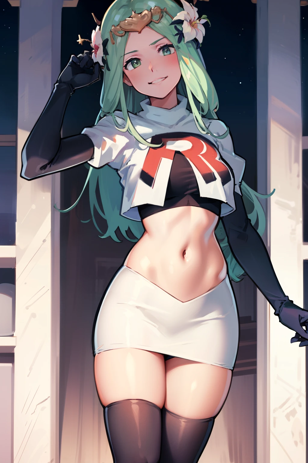 defRhea, headdress, hair flower, team rocket,team rocket uniform,white skirt,red letter R,crop top,black thigh-highs,black elbow gloves, evil smile, looking at viewer, cowboy shot, night sky background