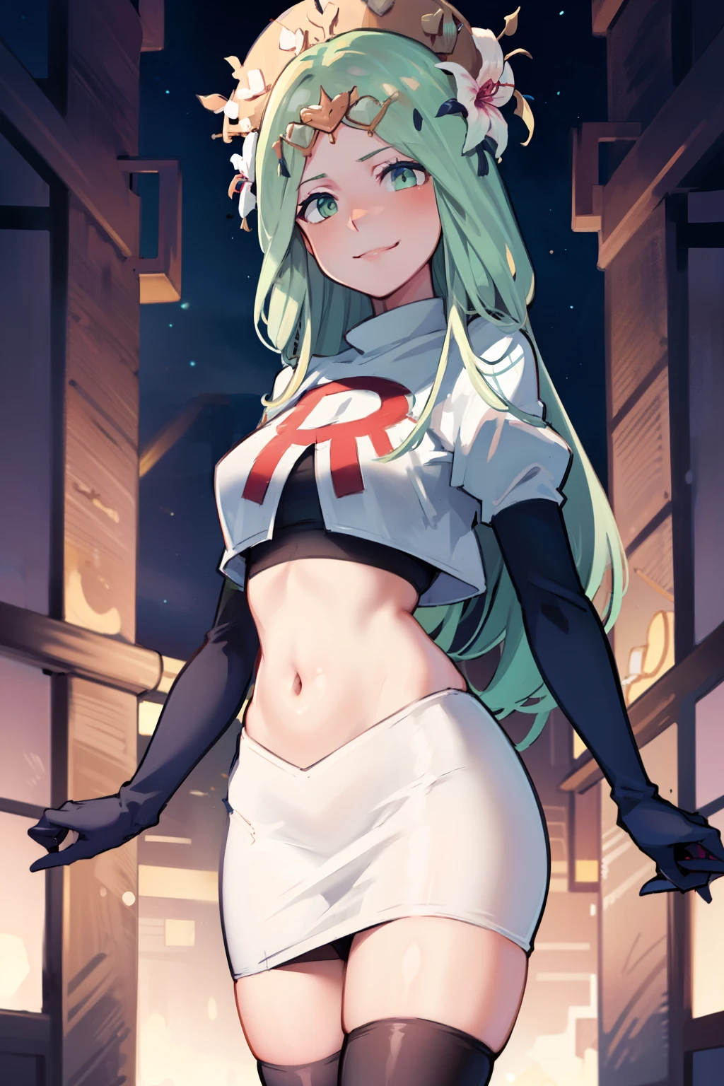 defRhea, headdress, hair flower, team rocket,team rocket uniform,white skirt,red letter R,crop top,black thigh-highs,black elbow gloves, evil smile, looking at viewer, cowboy shot, night sky background