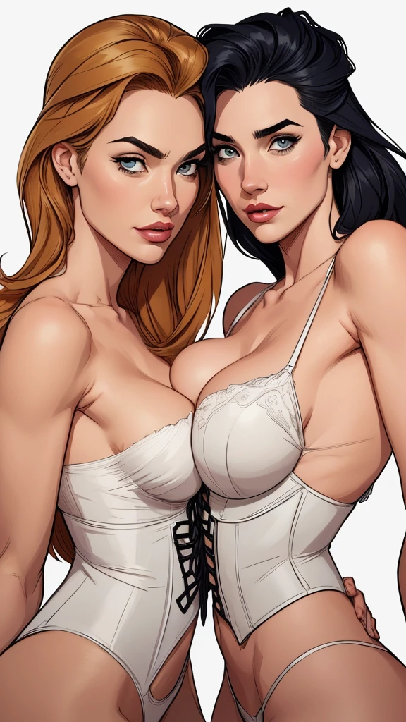 Personagens estilo artgerm femininas Yvonne Strahovski estilo de desenho animado:1.2), Woman from southern Brazil Gaucha drawing ART Artline white background woman Cartoon image of a woman , roupas sensuais , garota super valente destemida , Ilustra??o estilo desenho animado, estilo de arte dos desenhos animados, estilo de arte dos desenhos animados, digital illustration style, design de personagens altamente detalhado, arte digital detalhada fofa, City fan art, design de personagem retrato, beautiful digital illustration, retrato de alta qualidade, arte em quadrinhos, retrato do design do personagem, white background Busty without clothes and medium breasts female character two girlfriends Beautiful character pose in dynamic pose two women together Yvonne Strahovski on the left and together with Jennifer Connelly on the right with a symmetrical body with a corset and beautiful breasts, corpo bem definido, delicado e sensual, estilo de desenho animado, digital illustration having sex with each other artgerm style