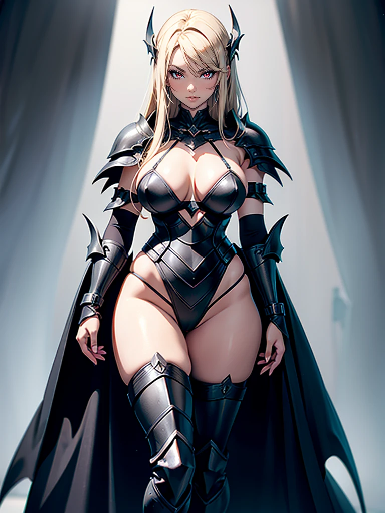 In intriguing perspectives, a slender woman with ample and wide hips is depicted, her narrow waist contrasting her generous curves. She dons an alluring, sleek armor, its details meticulously rendered, and leaps gracefully into the air, defying gravity. Her eyes, filled with determination, stare boldly ahead, a vibrant background of a lush forest teeming with life peeking from behind.
