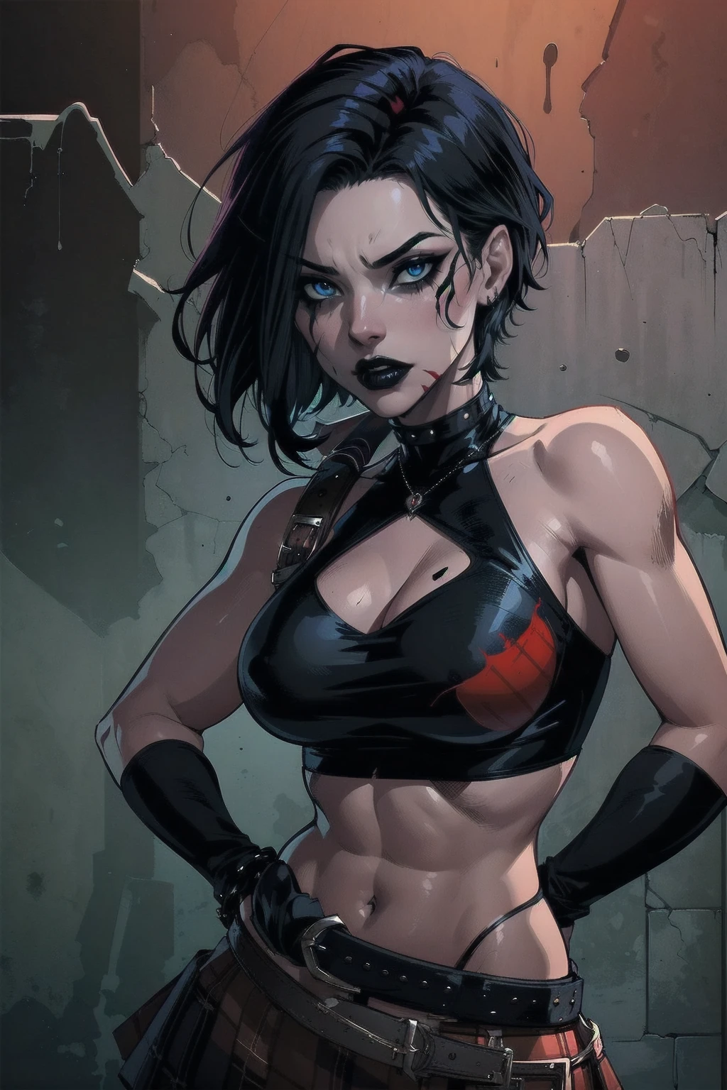 a woman with short black hair, hair on shoulders, wearing a black cropped and plaid skirt, blue eyes, zombie art, gothic art, cute aesthetic with vibe, toon aesthetic, wearing red costume, wearing gothic accessories, look like Cassie Hack, upper body, zombie background, Fighting with zombies ( hack/slash)