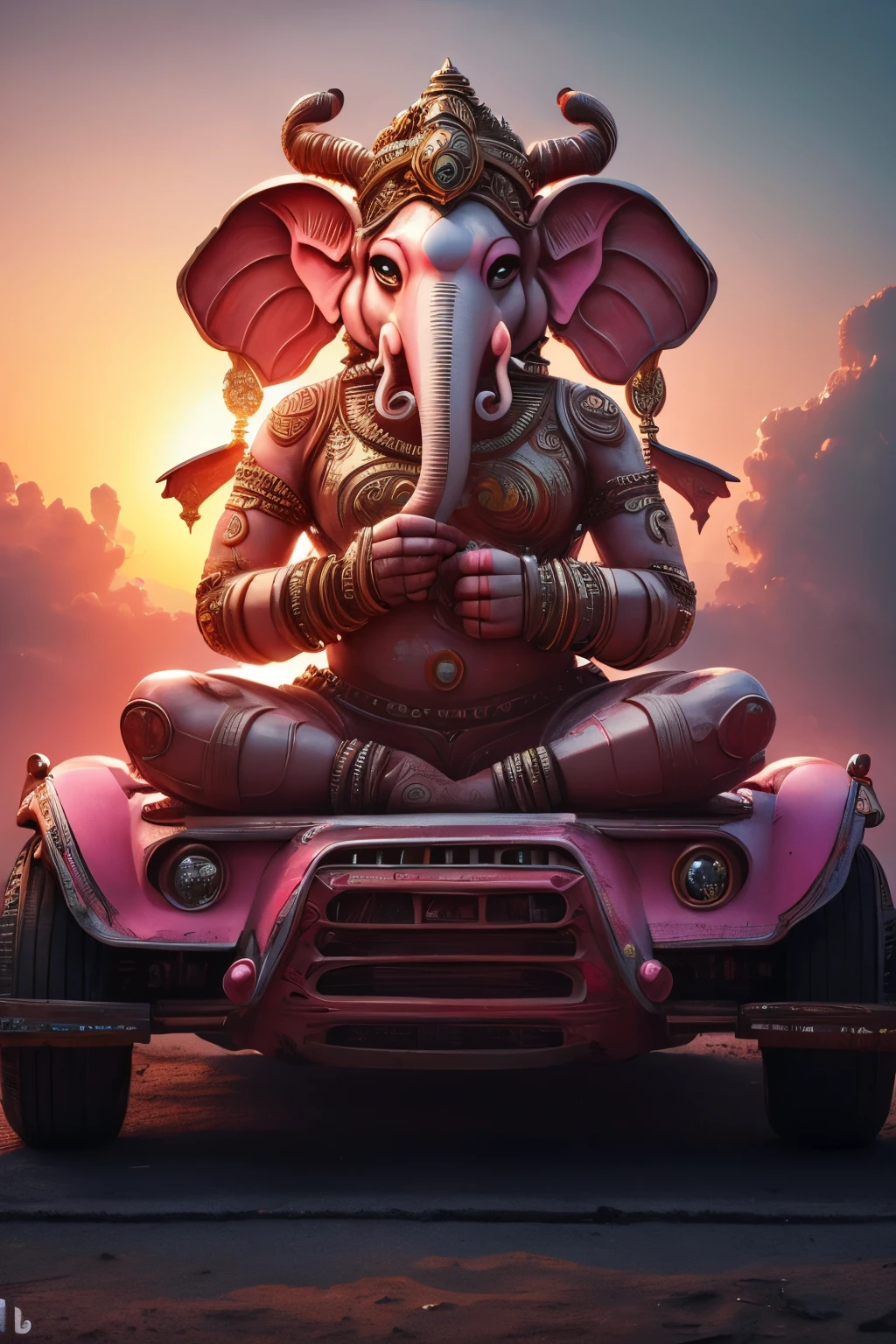 The futuristic representation of the elephantheaded Hindu deity Ganesha is adorned in a vibrant shade of pink reminiscent of a radiant sunset The intricate details of the sculpture showcase peeling paint adding a sense of weathered beauty to the piece Wisps of grey smoke marks dance delicately around the exhaust pipes of the powerful V8 engine creating an ethereal ambiance
