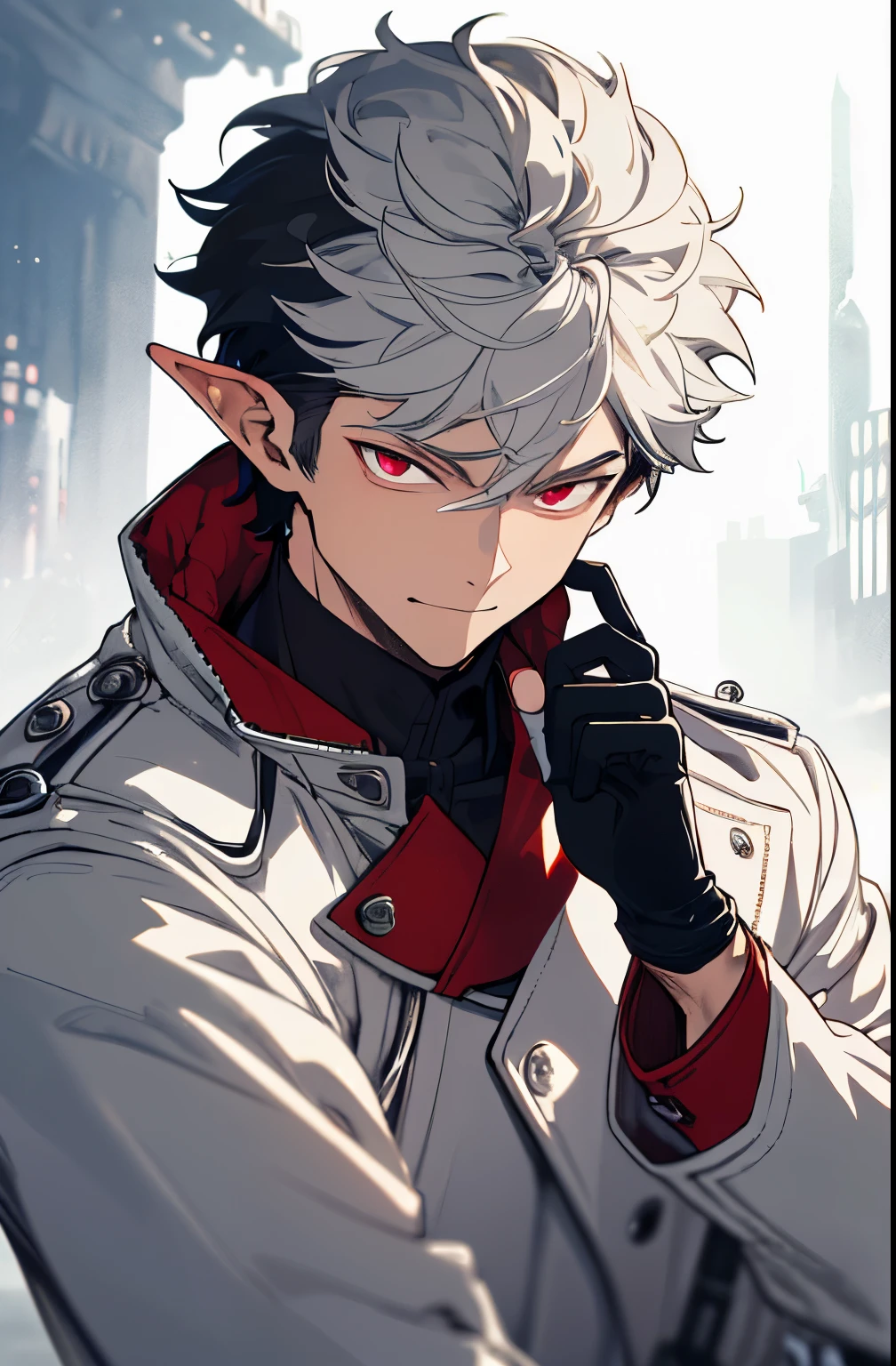 ultra detailed, masterpiece, best quality, solo, cowboy shot, facing viewer,man, wavy short white hair, wearing a long white trenchcoat, tightening his black leather gloves, Elf Ears, Red eyes, happy expression, receptive