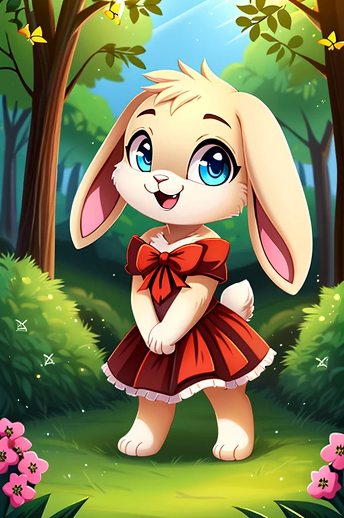 zoomed out image, cute style art, fantasy style art, cute, adorable, short character, small, tiny little fluffy female white bunny with blue eyes, 4 ears, 2 extra ears, big floppy ears, long ears, ears perked up, raised ears, long eyelashes, poofy rabbit tail, wearing a red frilly ribbon dress, smiling, standing in a thick green forest, realistic forest, soft tones, big expressive smile, open mouth, wide eyes, excited eyes, excited face, looking at the scenery, looking at the trees in wonder, exploring happily, stunning visuals, sunlight coming through the trees, flowers scattered in the bushes, butterflies in the air, digital illustration