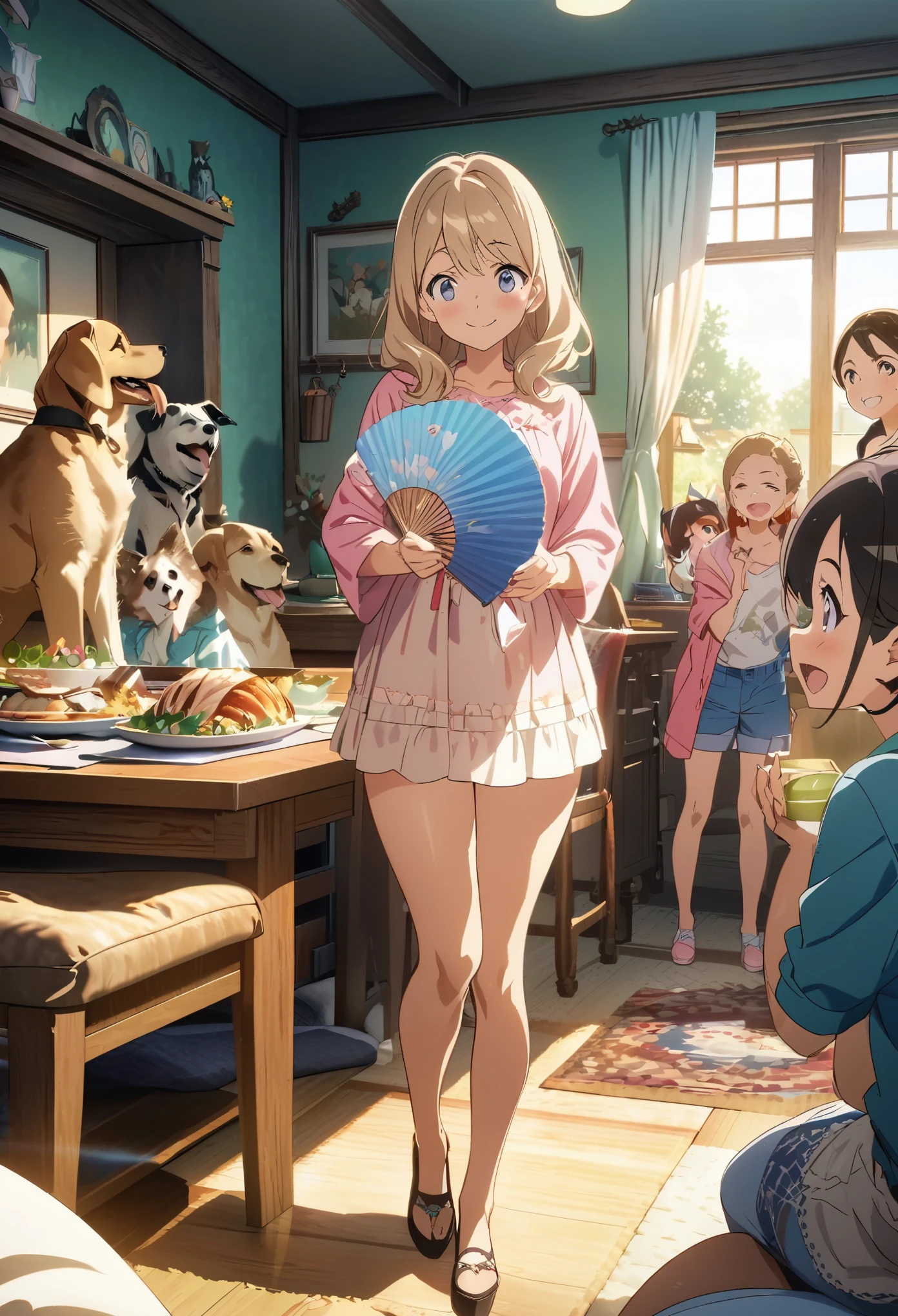 cover page, anime key visual, highres, top quality, best quality, paid reward available, High-quality illustrations, unparalleled masterpiece, perfect artwork, absurdres(home video, The beautiful life of dogs and families)in house, in room, smile, happy, perfect anatomy, fan-created work shared on platforms Pixiv or Twitter, cinematic lighting,