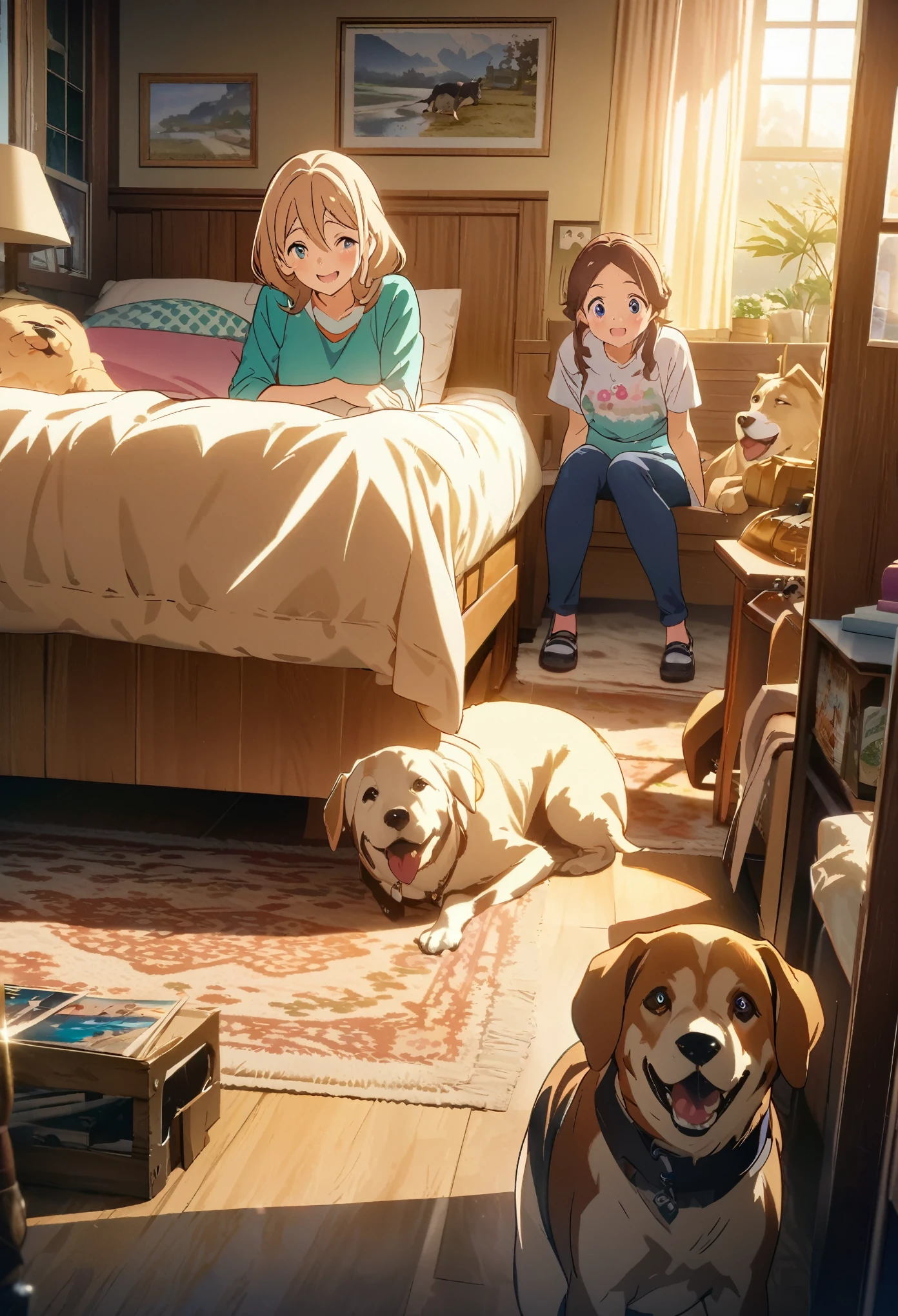 cover page, anime key visual, highres, top quality, best quality, paid reward available, High-quality illustrations, unparalleled masterpiece, perfect artwork, absurdres(home video, The beautiful life of dogs and families)in house, in room, smile, happy, perfect anatomy, fan-created work shared on platforms Pixiv or Twitter, cinematic lighting,