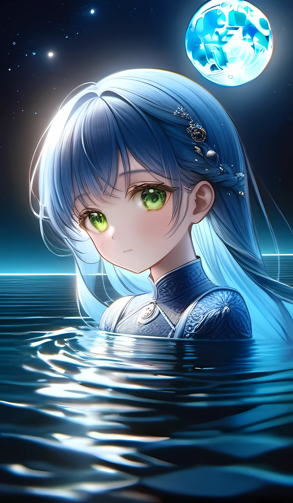 one princess standing on water, at night, the young siter taste, pale blue moon, cute face, blue semi-long hair, emerald green eyes, illusory scene, calm, impressive, ((portrait)) ((masterpiece, best quality, ultra-detailed, an extremely delicate and beautiful)), ((photorealism, hyperrealism)), ((extremely detailed CG unity 8k wallpaper)), ((award winning, ccurate, UHD, textured skin, chromatic aberration, perfect anatomy, golden ratio)), (exquisite attention to detail), ((perfect_composition, perfect_design, perfect_layout, perfect_detail, ultra_detailed)), ((aesthetic harmony)), ((aesthetic style))