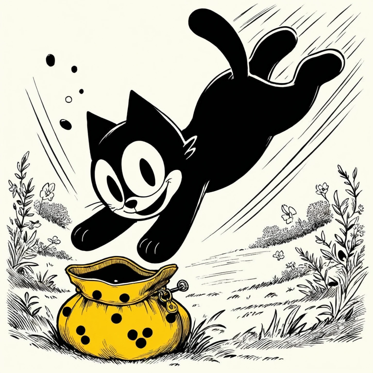 Felix the Cat gracefully diving through the air into his open yellow bag of tricks on the ground, in a slow meadow, (Felix the cat style reference, An anthropomorphic young black cat with white eyes, a black body, and a giant grin) (Felix's bag is one-of-a-kind satchel, which usually takes the form of a suitcase/carpetbag halfmix, which is yellow with black markings, reveals the pattern to be black dots and near-floral), cel shading, rich color grading, cinematic, wordless, rotoscope hand drawn, expressive bold ink lines,
