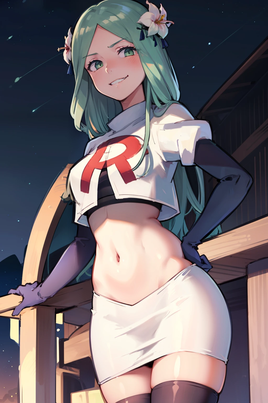 defRhea, headdress, hair flower, team rocket,team rocket uniform,white skirt,red letter R,crop top,black thigh-highs,black elbow gloves, evil smile, looking at viewer, cowboy shot, night sky background