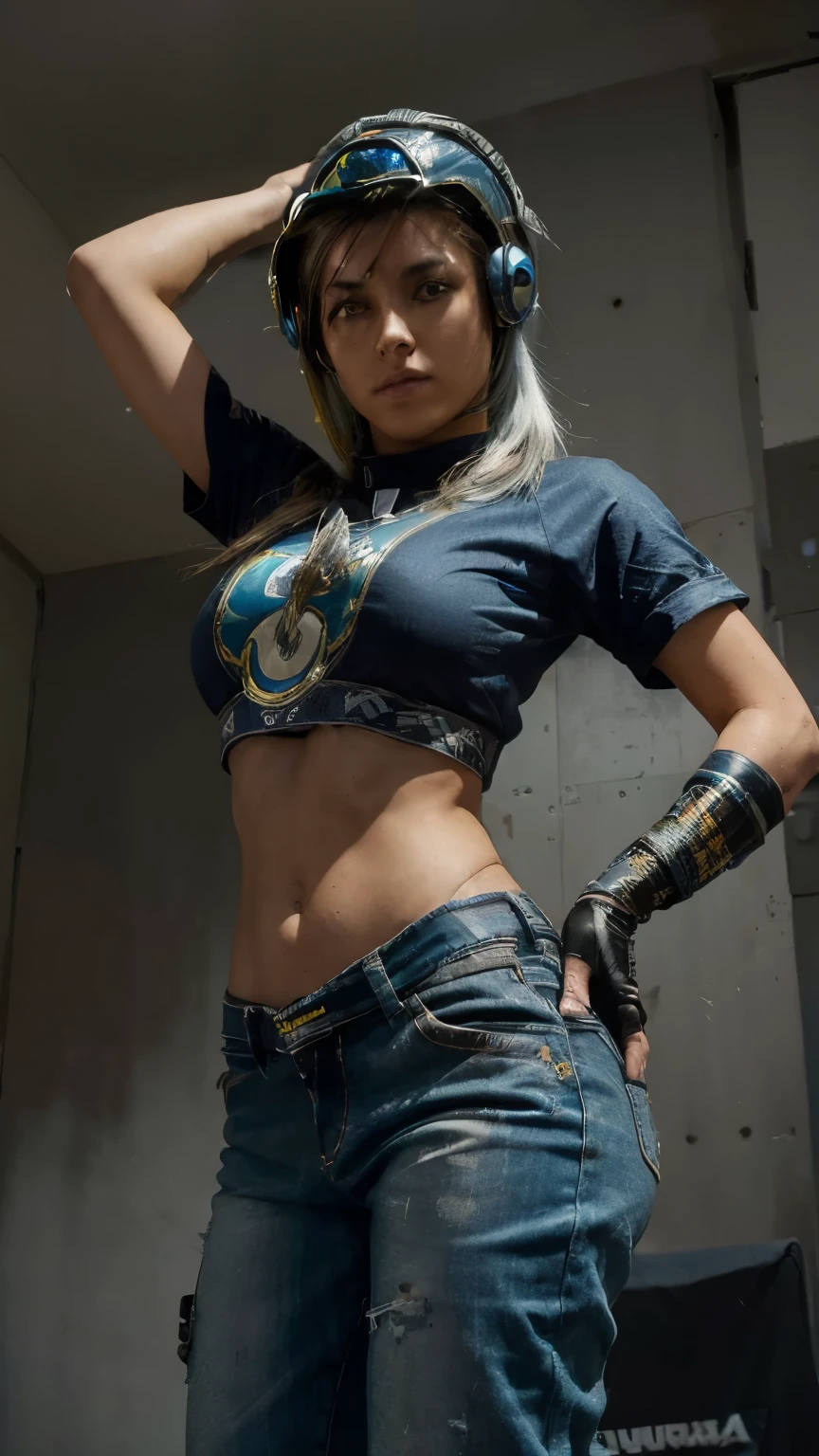 Design a Game Character Showcase Design., ((1 chica)), CULOasin:1.4, (grande_tetas, grande_CULO), negro, ((cabello)), morado_corto, ((ojos)) ojo izquierdo dorsdo_ Derecho azul electrico , ((Armadura :1.4)), armadura brazo izquierdo y pecho, (Obra maestra:1.2), (mejor calidad), 4k, ultra detallado, (Step-by-step design, Design Art:1.5), (luminous lighting, atmospheric lighting), percy Jackson estilo, semidios, ((glove lleno hands)), franco, viera, (((atuendo casual )) camisa manga corta naranja "campamento mestizo", pantalones de mesclilla, (((lleno_cuerpo_disparo:1.4))),