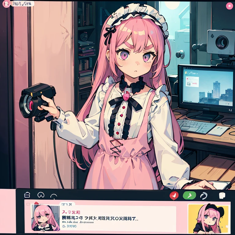 Girls with pink hair, long double-tailed hairstyle, ((small pink bushy eyebrows)), dressed in ta clothes, marked vagina, loli(Zankuro) drawing style by zankuro artist, Zancro style, image uploaded to R34, changing of clothes in a room, looking away, not looking at the camera (hidden camera recording it, security camera filter recording it)