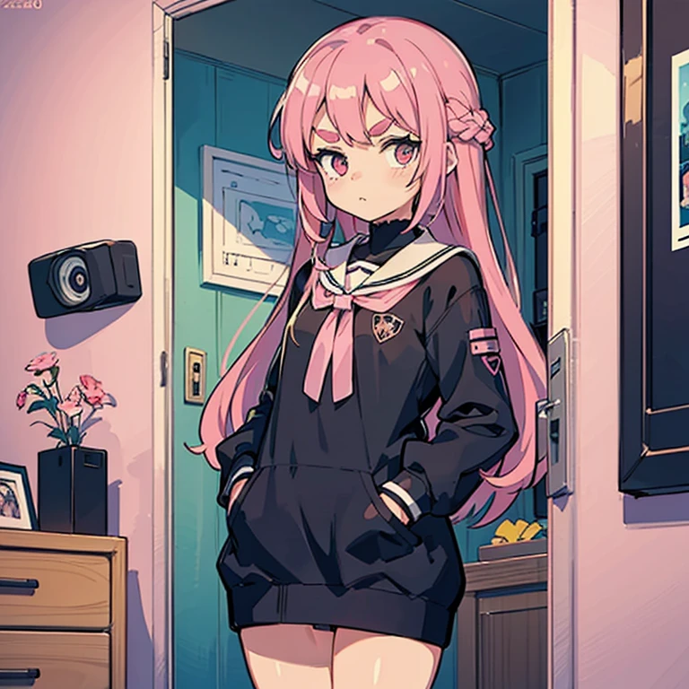 Girls with pink hair, long double-tailed hairstyle, ((small pink bushy eyebrows)), dressed in ta clothes, marked vagina, loli(Zankuro) drawing style by zankuro artist, Zancro style, image uploaded to R34, changing of clothes in a room, looking away, not looking at the camera (hidden camera recording it, security camera filter recording it)