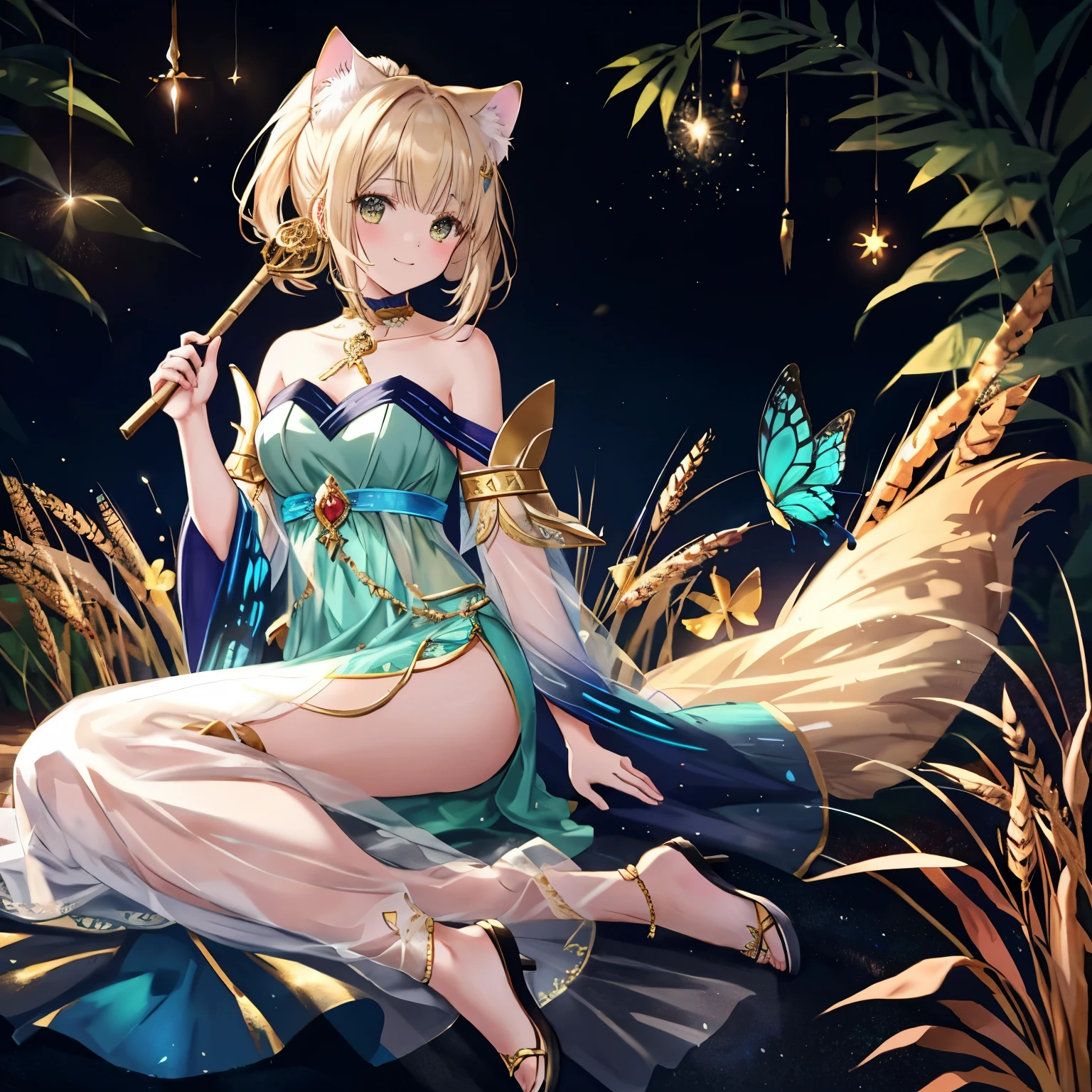 # AIイラストプロント for SeaArt
- **Theme**: A goddess bestowing modest happiness, prosperity, peace, and tranquility
- **Number of Characters**: Single
- **Worldview**: Fusion of anime and manga, with a mystical atmosphere
- **Age and Body Type**: Youthful and slender
- **Animal Ears and Tail**: Ears and tail of a sand cat
- **Costume**: Ancient Greek-style draped dress
- **Costume Color**: White with gold accents
- **Hairstyle**: Mainly long hair, with elements of ponytail, twin tails, and bob cut arranged
- **Hair Color**: Mainly gold, with blue and green added as gradients
- **Presence and Details of Wings**: Transparent butterfly wings
- **Props**: Holding a sheaf of wheat, a symbol of abundance
- **Emotion**: Gently smiling
- **Movement**: Gently embracing the sheaf of wheat
- **Perspective**: Full body drawn from a slightly lower viewpoint
- **Composition**: Character placed in the center
- **Background**: Peaceful forest scenery
- **Background Color**: Add light blue, yellow, silver, deep red
- **Lighting**: Soft and warm light
- **Style**: High-resolution official artwork or very detailed and elaborate fan art style trending on ArtStation or Pixiv. Please refer to the original paintings of Kusuhara Krentz, feminine style, Fate style, Enako style, Nozomi Sasaki style, Kanna Hashimoto style. Incorporate real anime 2.5D style or real anime girls style
- **Quality Improvement**: Aim for absurd, highest quality, real, hyper-real, ultra-detailed illustrations using the golden ratio 1.2 and drafting board 1.3. Create a beautiful masterpiece with a large file size created in 64K. The resolution of the face is also high, and the lighting is perfectly finished. Resolution is 8K, ultra-high resolution: 1.2, selectable high resolution (HD, 4K, 8K, 16K, etc.). The color bit depth is 24 bits, 48 bits. Please delete the blank part of the tag
