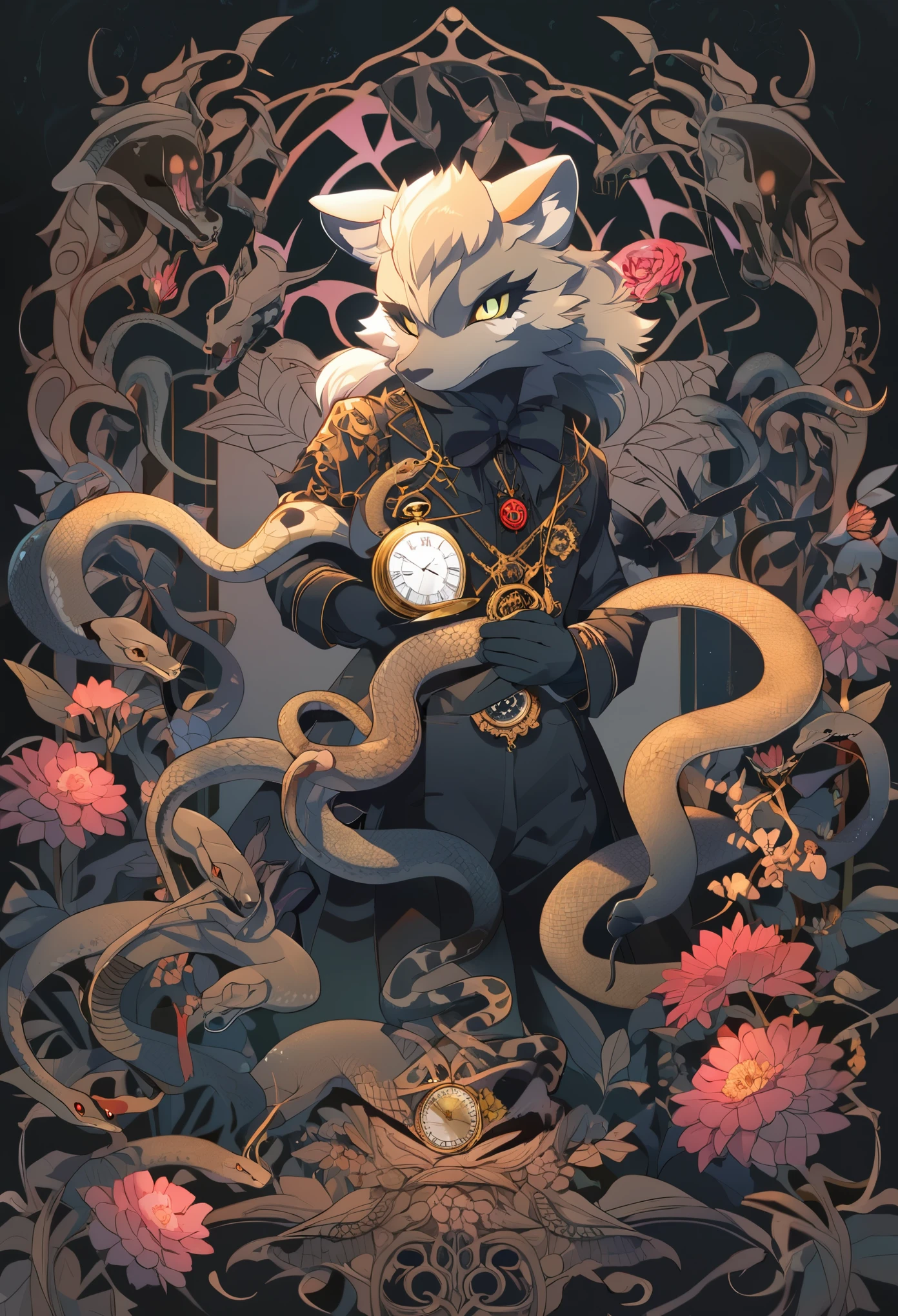 (best quality, high resolution, ultra-detailed)silhouett(kemono, furry anthro)holding striking pocket watch, surrounded by flowers, snakes and darkness, illustrative rendering, intricate details, mysterious atmosphere, vibrant colors, dynamic lighting , Gothic style,