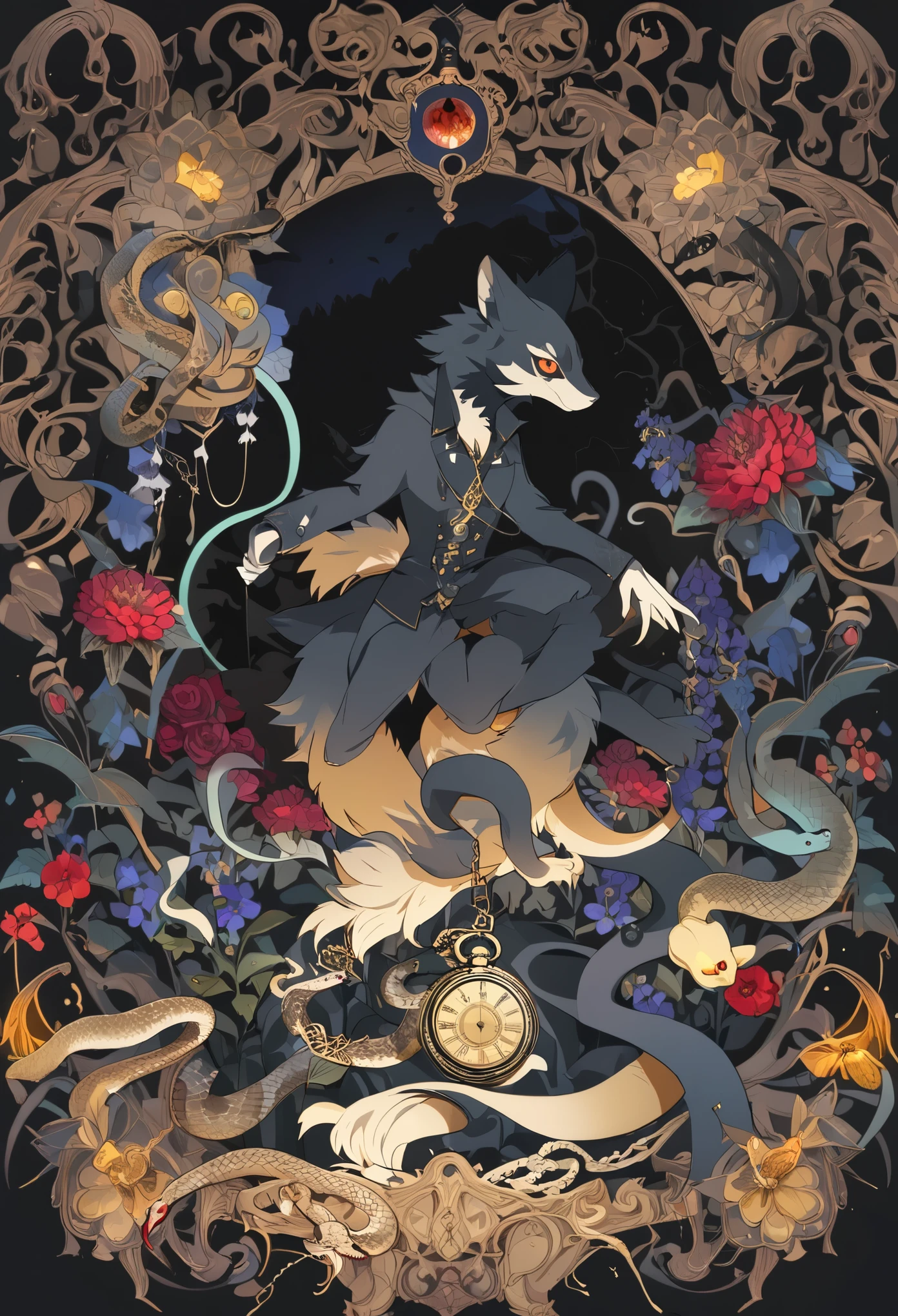 (best quality, high resolution, ultra-detailed)silhouett(kemono, furry anthro)holding striking pocket watch, surrounded by flowers, snakes and darkness, illustrative rendering, intricate details, mysterious atmosphere, vibrant colors, dynamic lighting , Gothic style,