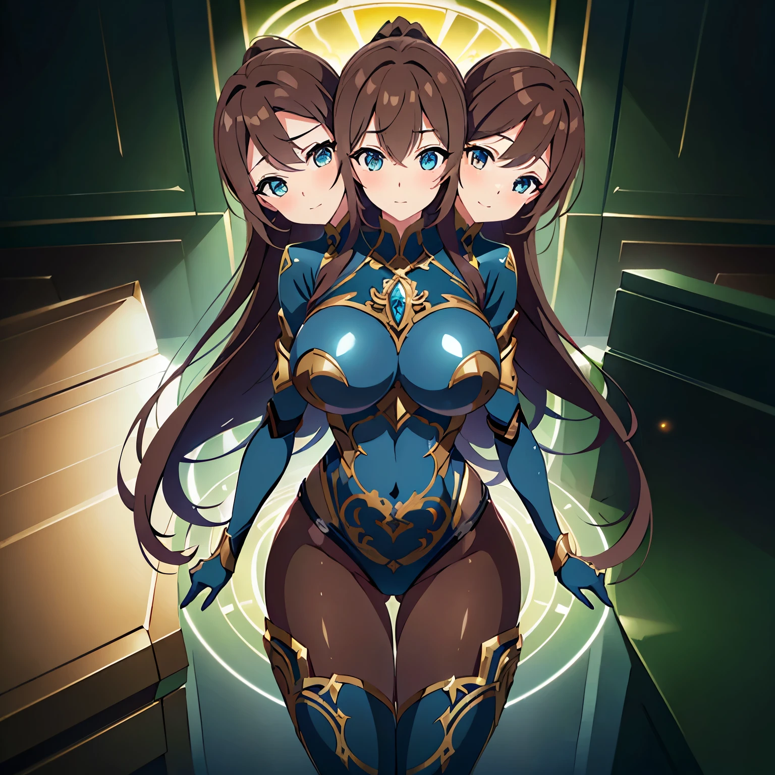 (masterpiece),(ultra-detailed), (high quality), (high resolution), (best quality:1.5, highres, UHD), highres, absurdo, ultra detail, ultra quality, ((3heads:1.5)), 1girl, (long hair), ((brown hair)), (ponytail), thighs, (blue armor), female warrior, insignia, (fully armored), ((medieval armor)), hammer weapon, armored chest piece, gorgeous female knight, Guild Clothes with Armor, ((cheerful woman)), seductive silhouette,, smooth and lustrous skin, sexy proportions, slim legs, ((beautifully tall and slim woman)), futuristic city, gentle smile