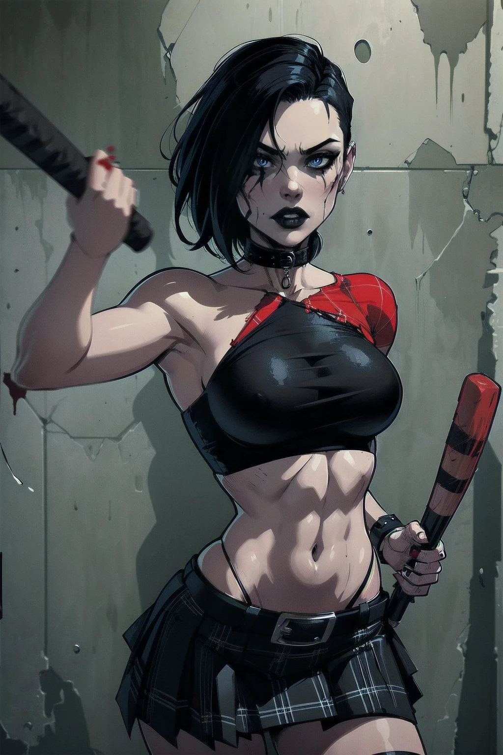 a woman with short black hair, hair on shoulders,  wearing a black cropped  and plaid skirt, blue eyes, zombie art, gothic art, cute aesthetic with vibe, toon aesthetic, wearing red costume, wearing gothic accessories, look like Cassie Hack, upper body, zombie background, Fighting with zombies ( hack/slash)