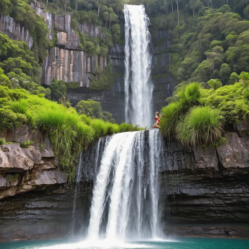 there is a woman in a bikini standing in front of a waterfall, Bathing in the waterfall, standing in a waterfall, in a waterfall stehen, play in waterfalls, under a waterfall, in a cave with waterfall, Under waterfall, standing in front of a waterfall, in a waterfall, with a waterfall, with waterfalls, next to a waterfall, Loneliness under a waterfall