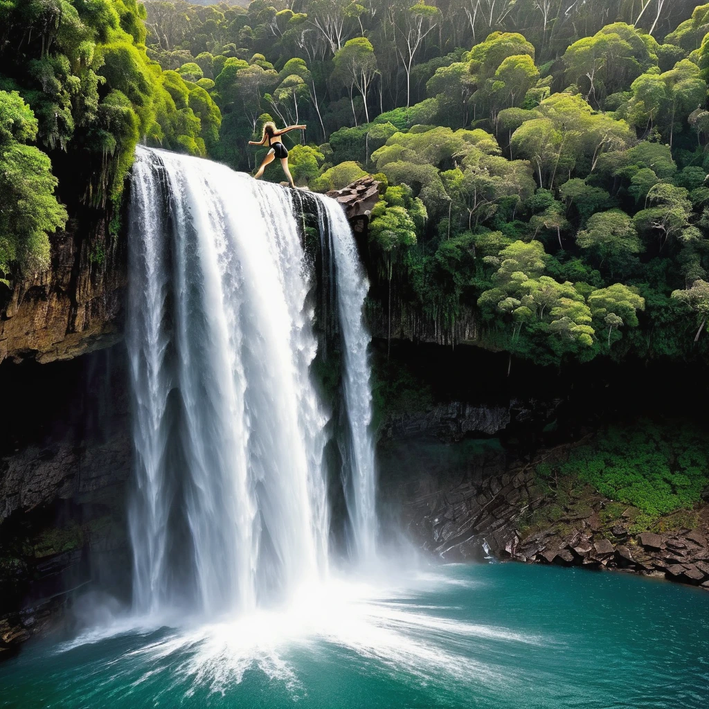 A brave Australian adventurer woman is diving from the top of a high waterfall into the lake below to avoid the cannibals pursuing her