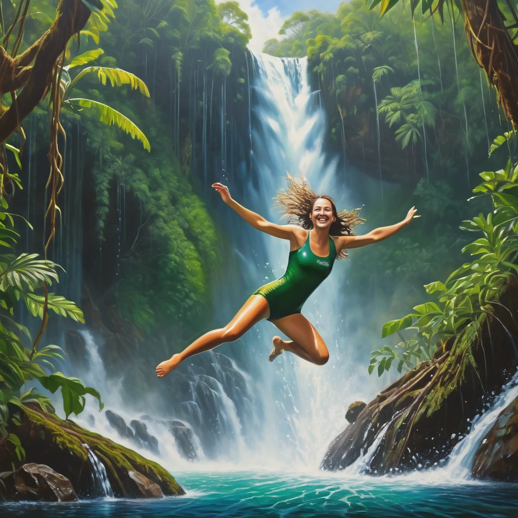 A brave Australian adventurer woman,diving,high waterfall,deep lake,[escaping],cannibals,pursuing [her],adrenaline rush [in the air],splashing water,fearless smile,breathtaking dive,and [surface] re-emerges,strong,[confident],and [determined].

Material: [Photorealistic,ultra-detailed],fine art,oil painting.

Scene details: Lush green rainforest surrounding the waterfall,mist rising from the crashing water,thick vines hanging from the trees,exotic birds chirping loudly.

Image quality: (Best quality,4k,8k,highres,masterpiece:1.2),ultra-detailed,realistic,HDR,sharp focus,physically-based rendering,vivid colors.

Art style: Adventure,action,landscape.

Color tone: Vibrant and rich with contrasts.