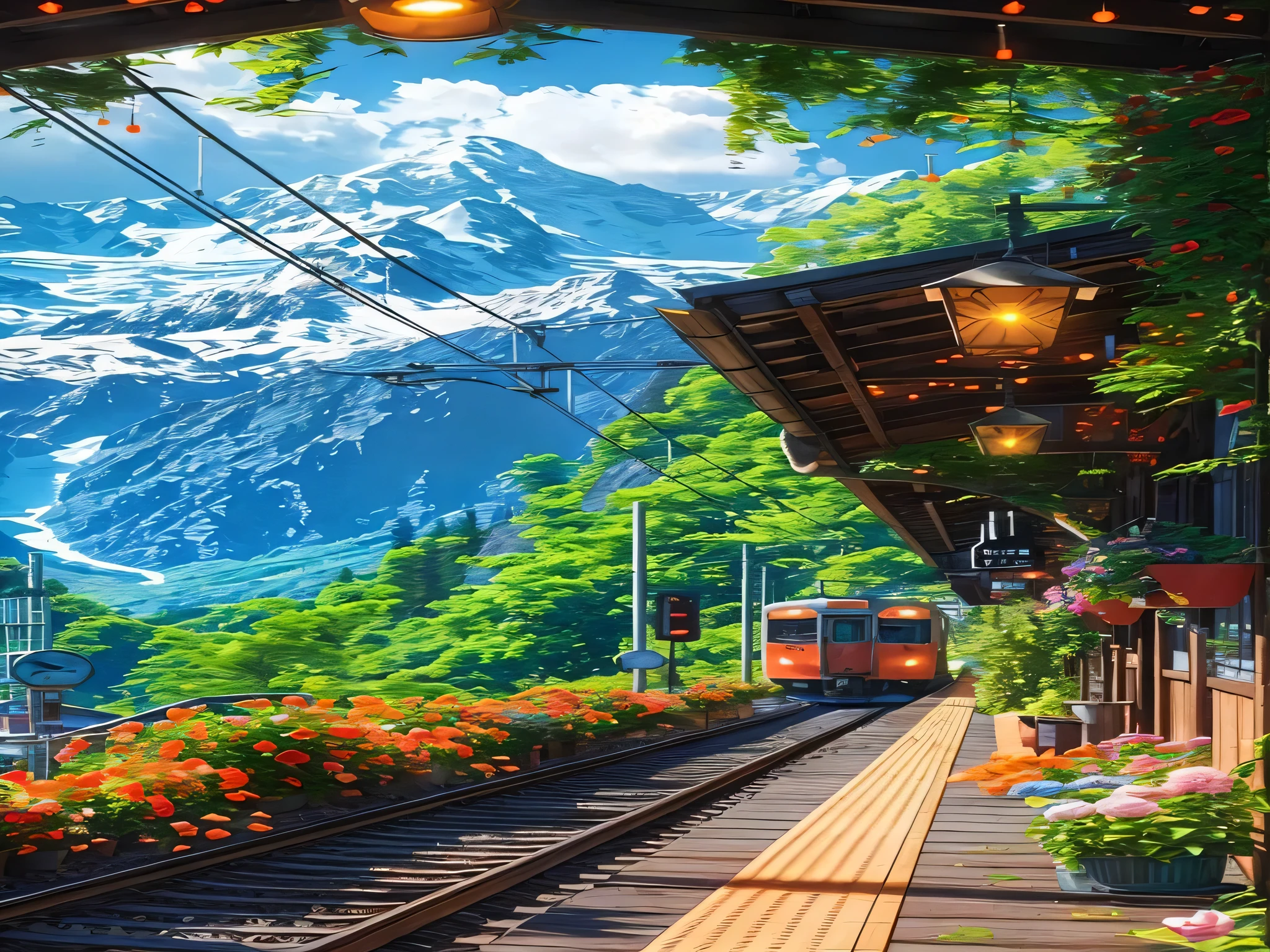 There is a train going down the tracks near the mountain., in the Swiss Alps, Detailed landscape, Detailed landscape —width 672, Awesome Wallpapers, beautiful and detailed scenes, traveling through the mountains, Swiss Alps, Very beautiful scenery, Beautiful anime scene, Highly detailed scenes, Landscape Wallpaper, Beautiful anime scenery, Highly detailed scenes, very Very beautiful scenery