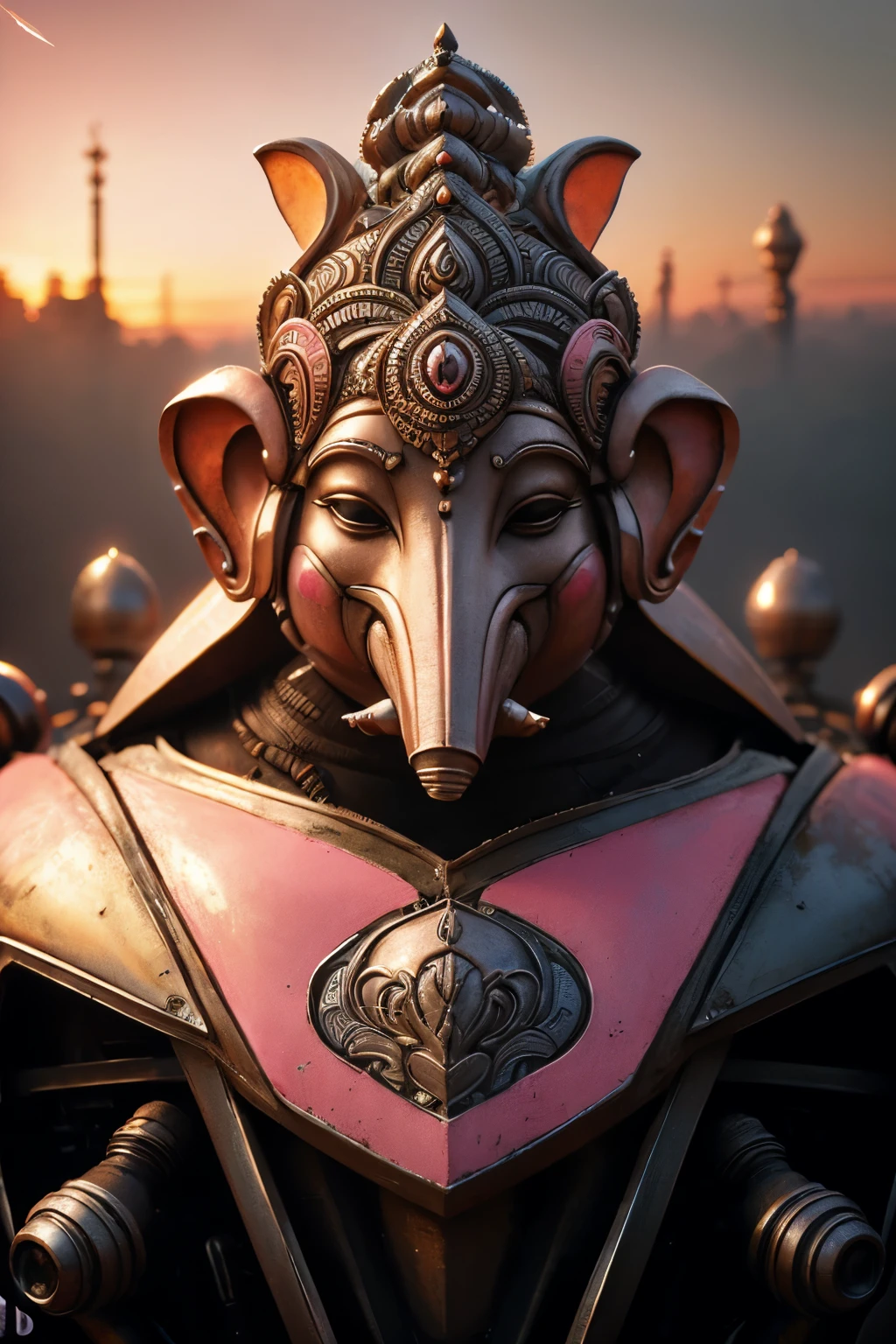 The futuristic representation of the elephantheaded Hindu deity Ganesha is adorned in a vibrant shade of pink reminiscent of a radiant sunset The intricate details of the sculpture showcase peeling paint adding a sense of weathered beauty to the piece Wisps of grey smoke marks dance delicately around the exhaust pipes of the powerful V8 engine creating an ethereal ambiance
